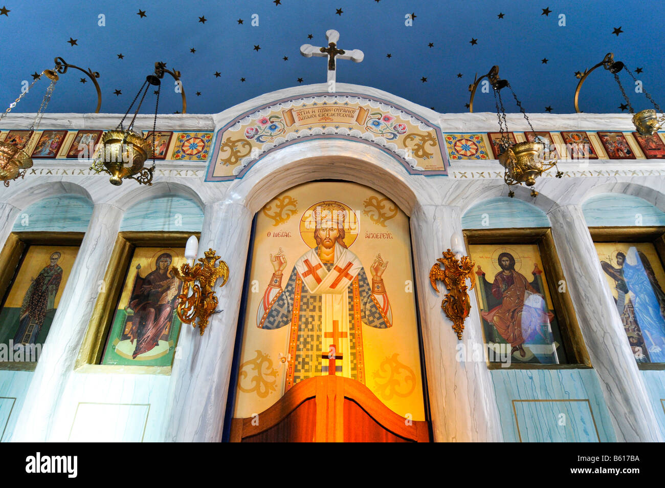 Interior of a Greek orthodox church, Milos, Cyclades, Greece, Europe Stock Photo