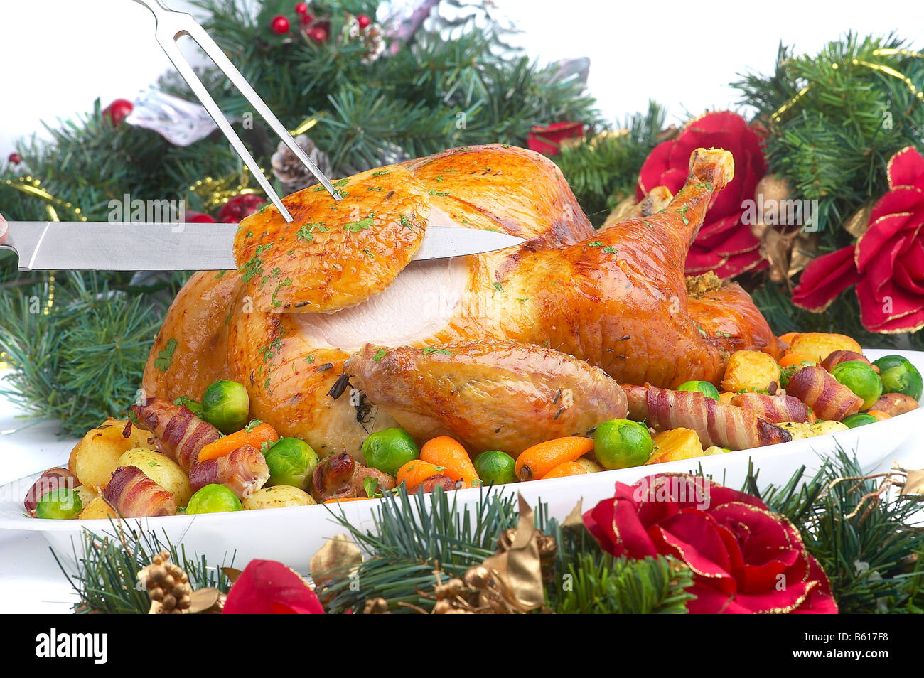 CHRISTMAS TURKEY DINNER WITH VEGETABLES Stock Photo