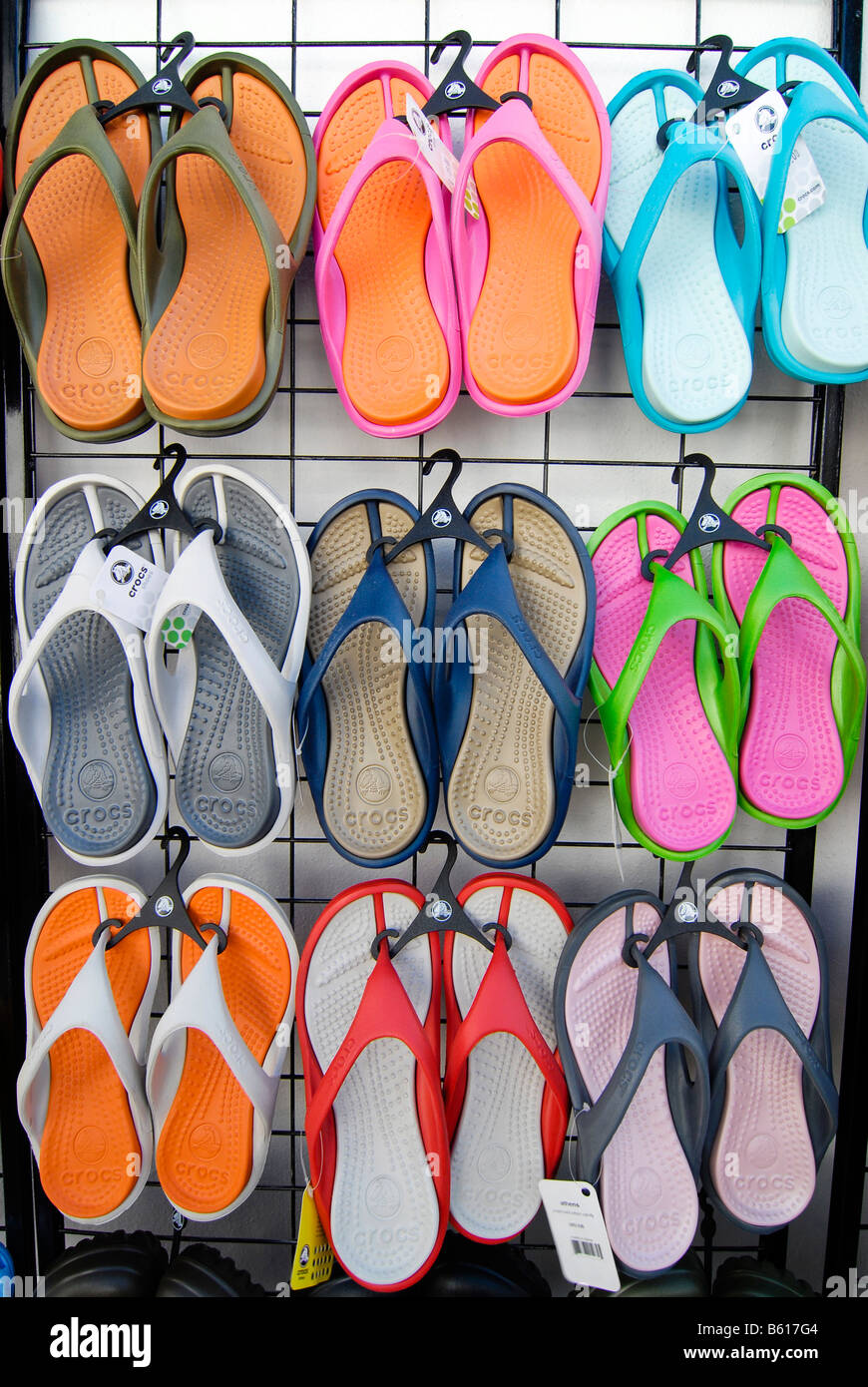 Colourful sandals, Crocs, hanging from a stand at a sales booth, Greece,  Europe Stock Photo - Alamy