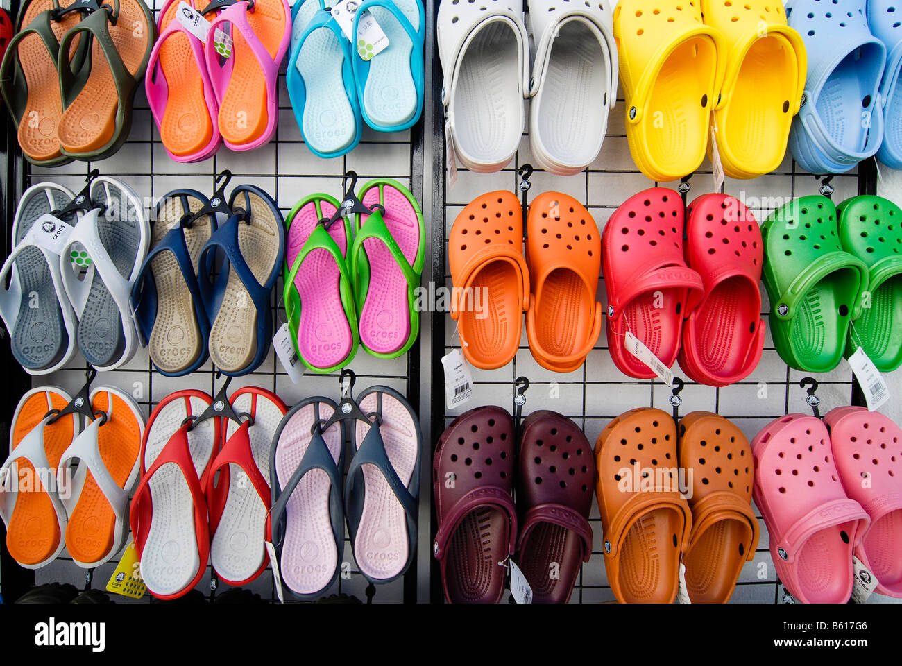 Colourful sandals, Crocs, hanging from a stand at a sales booth, Greece,  Europe Stock Photo - Alamy