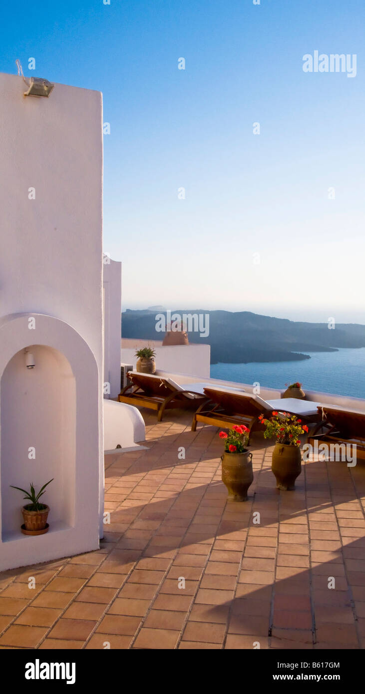 Sun terrace of a hotel in Santorini, Cyclades, Greece, Europe Stock Photo
