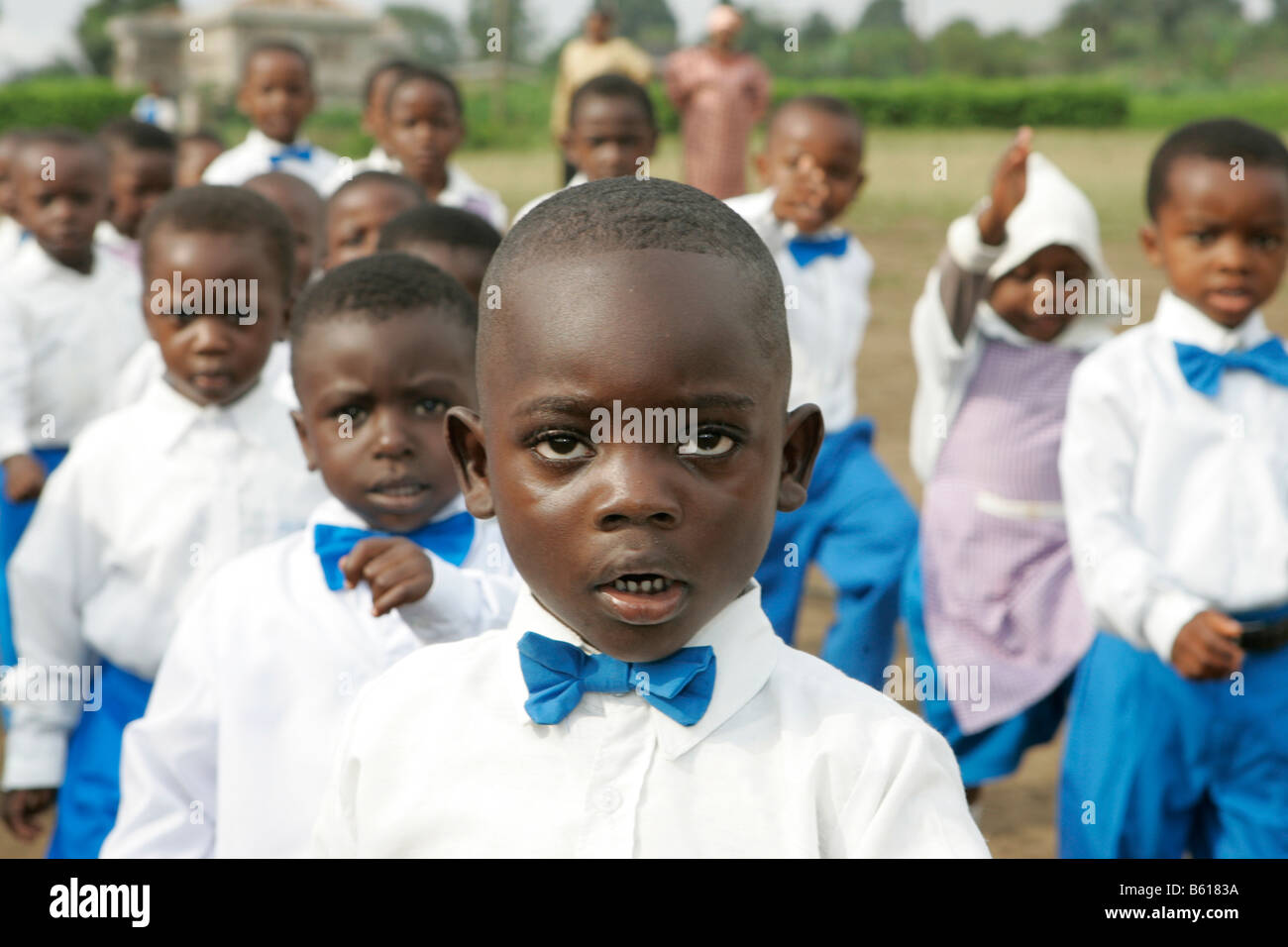 Pre-school children during morning exercise, Buea, Cameroon, Africa Stock Photo