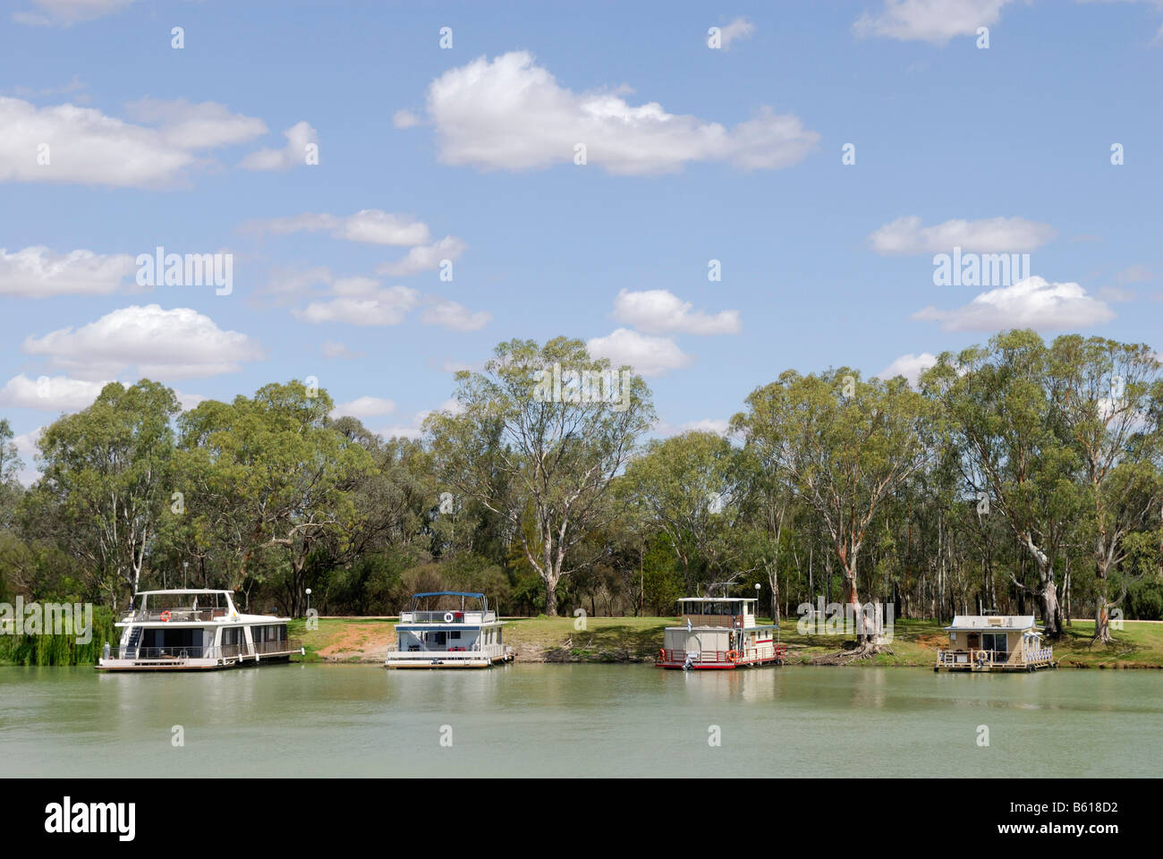 Houseboats on bank of the Murray River, Berri, South Australia