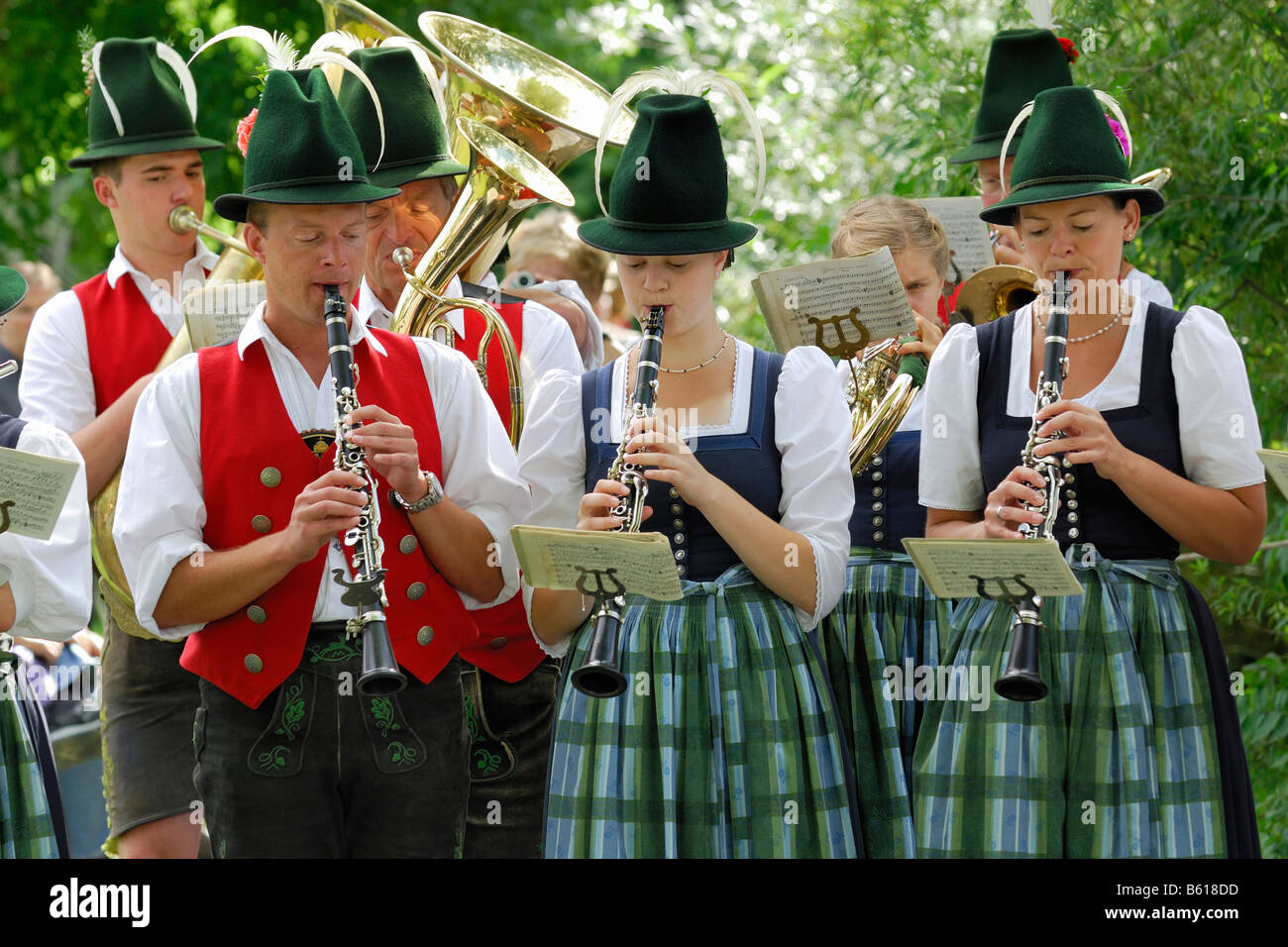 Musicians of the Niklasreuth brassband wearing traditional costumes at the Alt-Schliersee churchday, Lake Schliersee Stock Photo