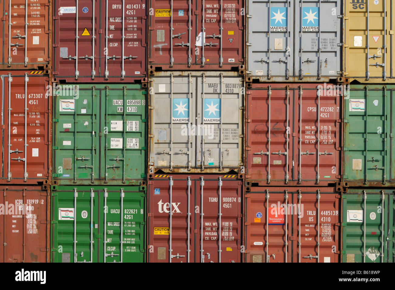 Various stacked containers, normal and high cube, overseas containers, format-filling Stock Photo