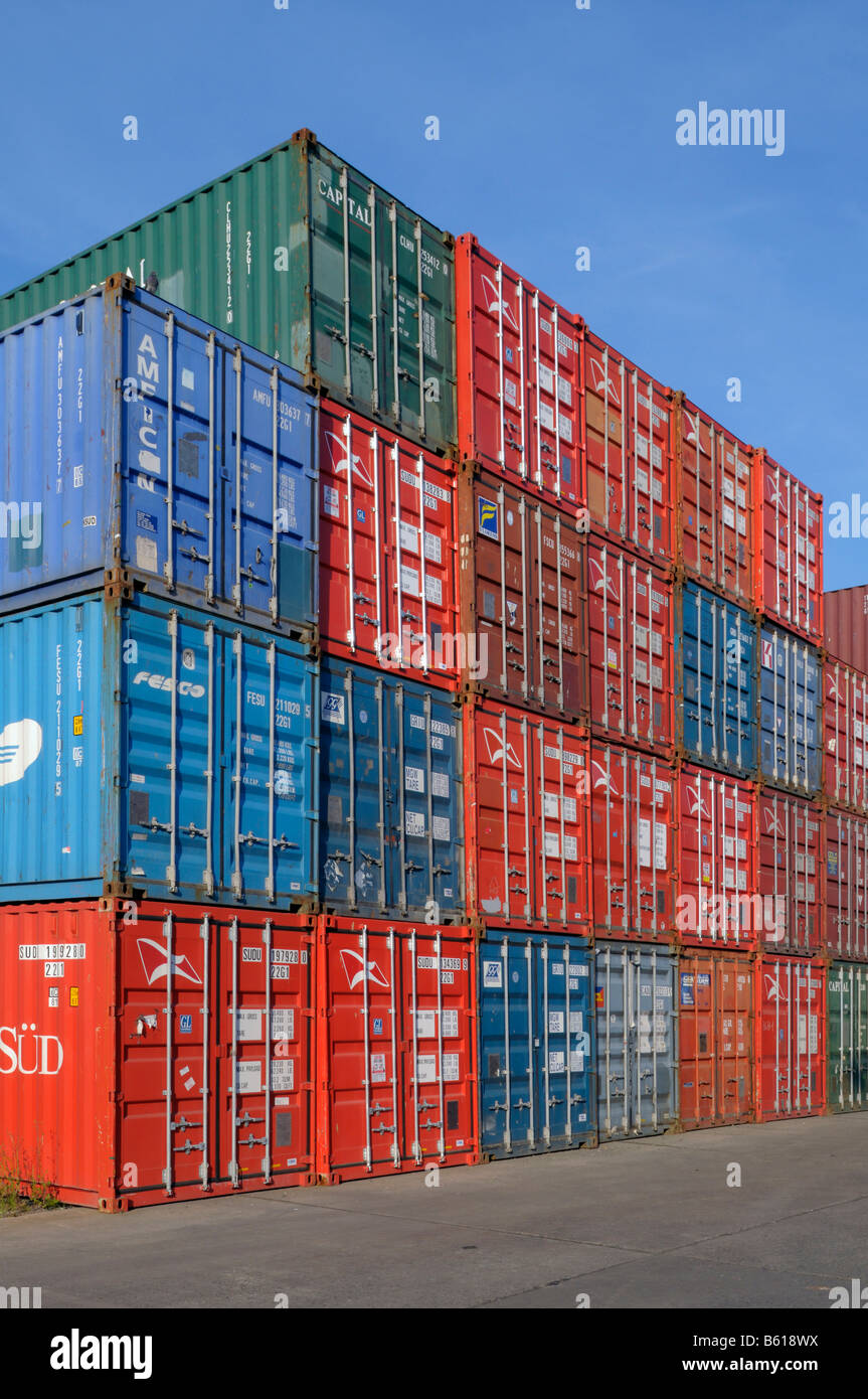 Stacked overseas containers, colourful mix in a container terminal