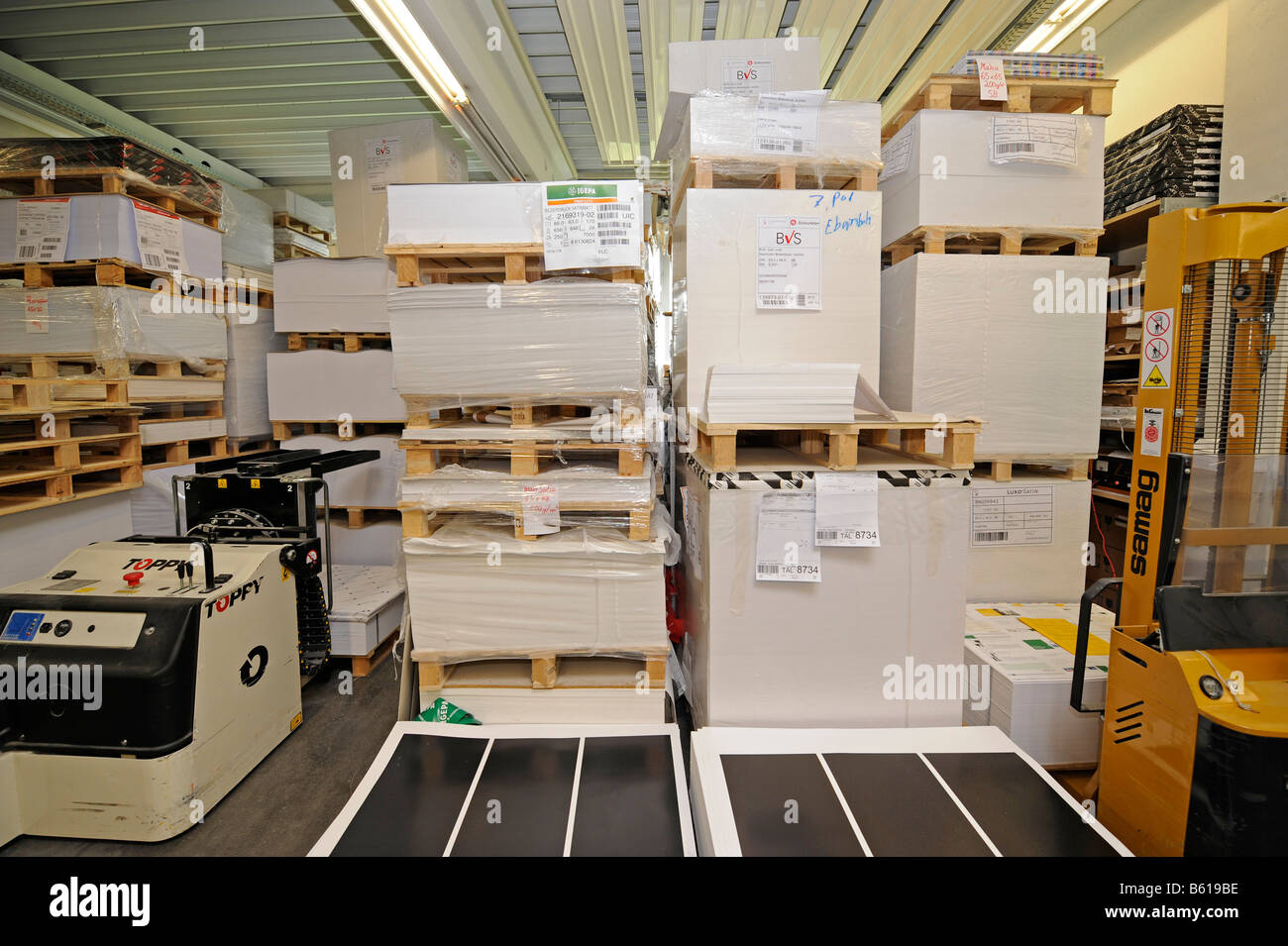 Different types of paper stacked on pallets in the hall of a printing