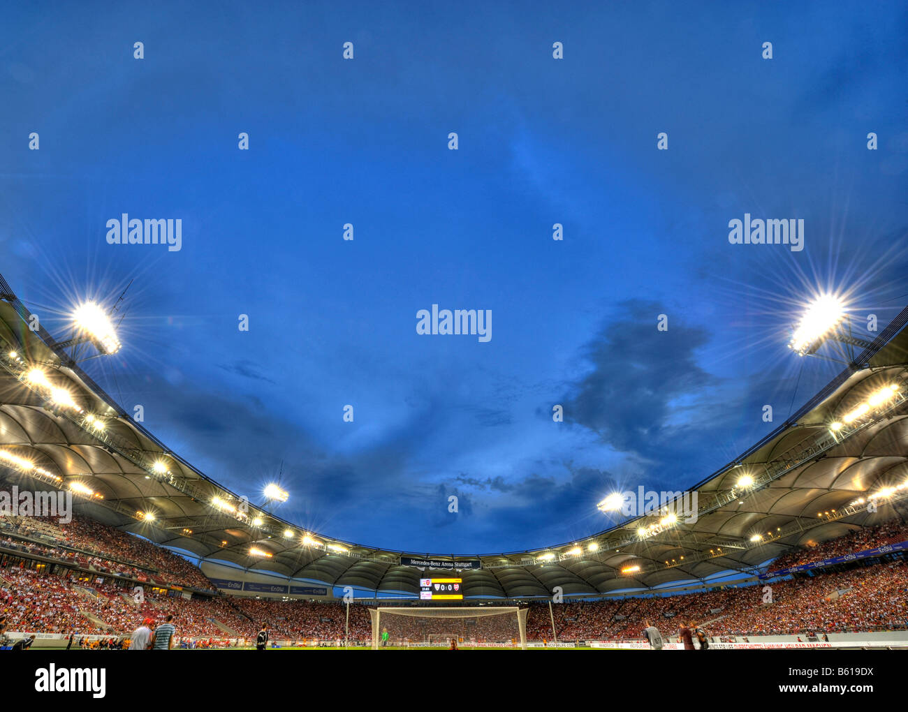 Night exposure of the Mercedes-Benz Arena football stadium Stuttgart, Baden-Wuerttemberg Stock Photo