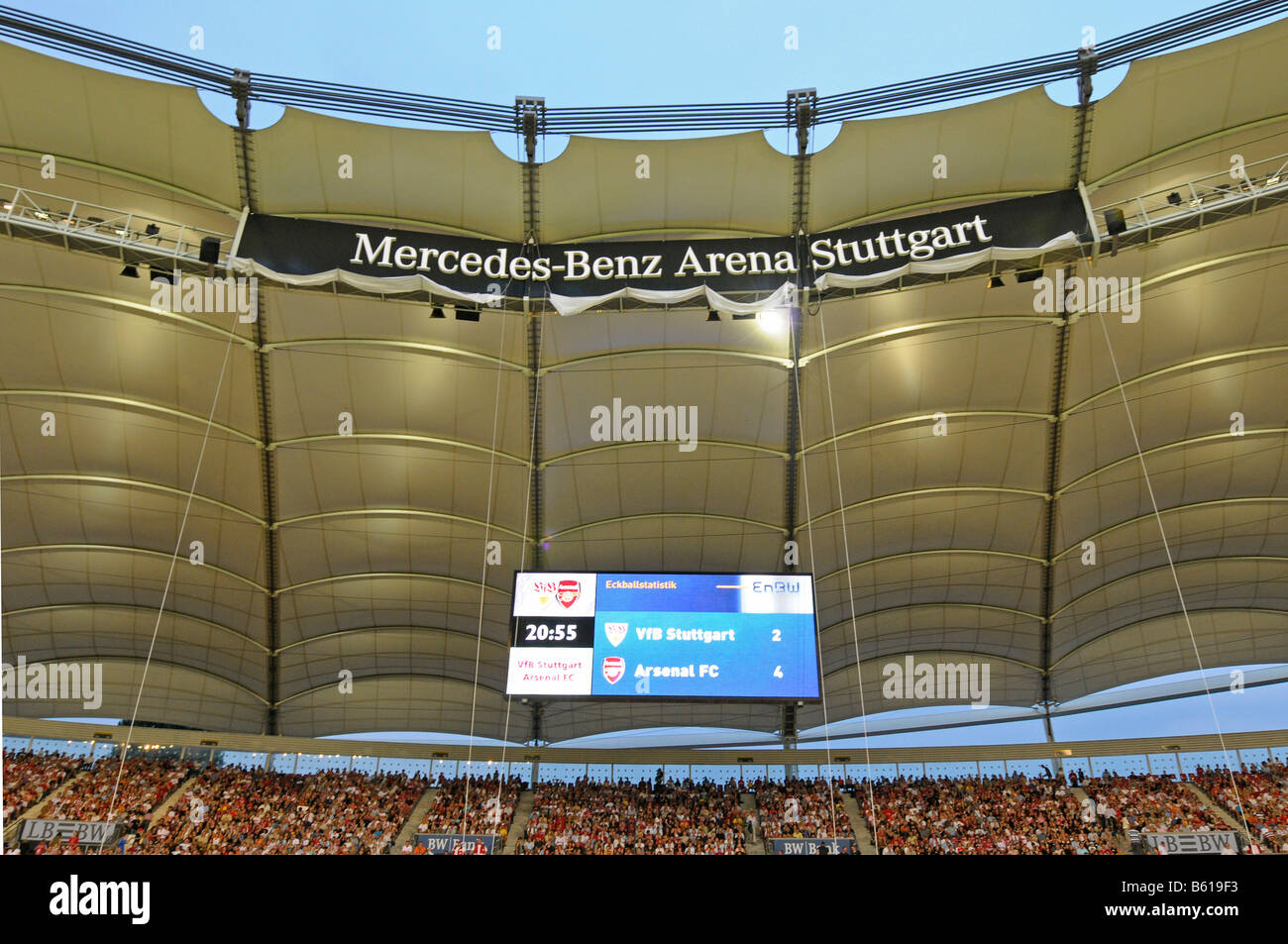 Twilight exposure of the roof construction with scoreboard in the Mercedes-Benz Arena football stadium Stuttgart Stock Photo