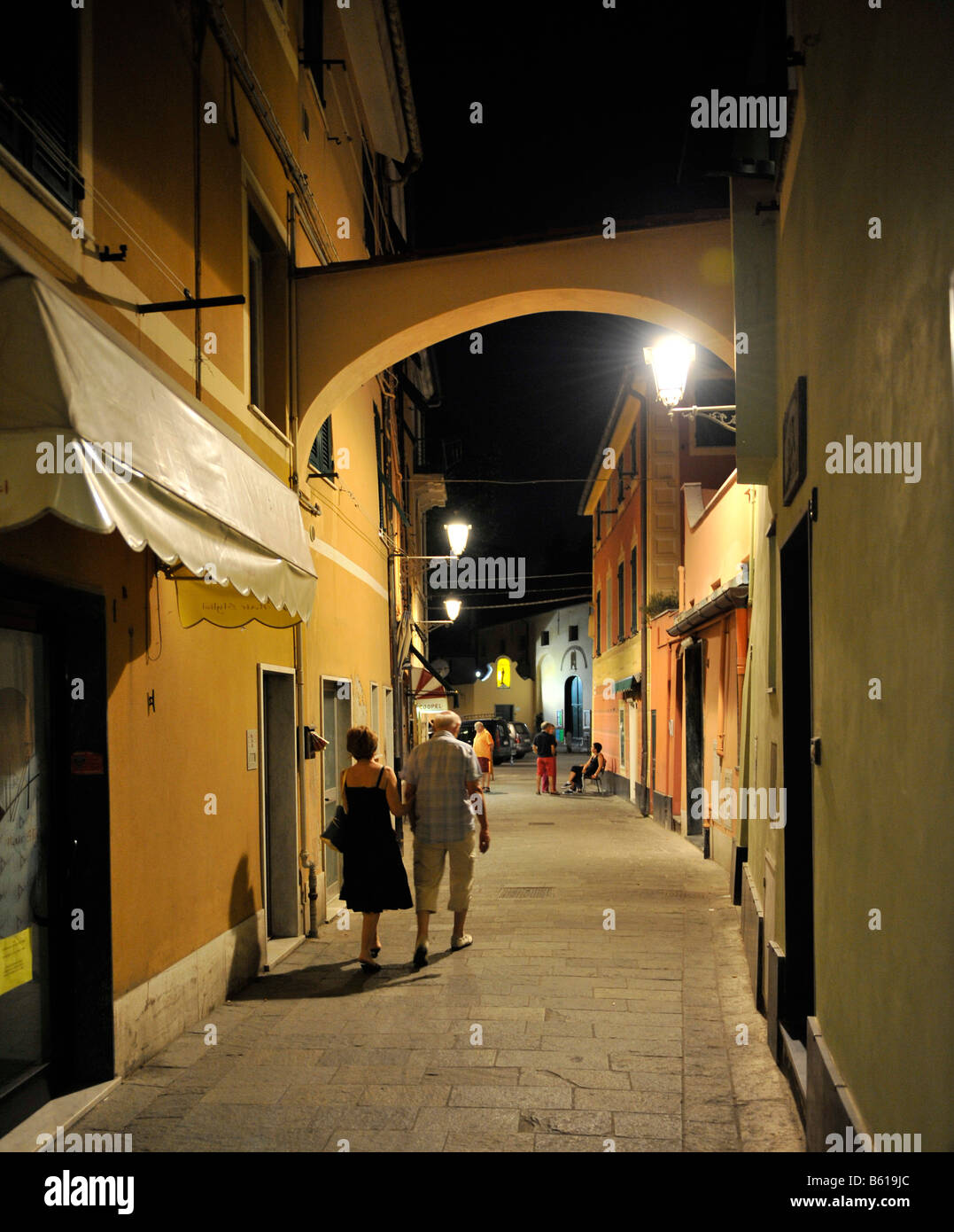 Varazze pedestrian zone, night photograph, Riviera dei Fiori, Liguria, Italy, Europe Stock Photo