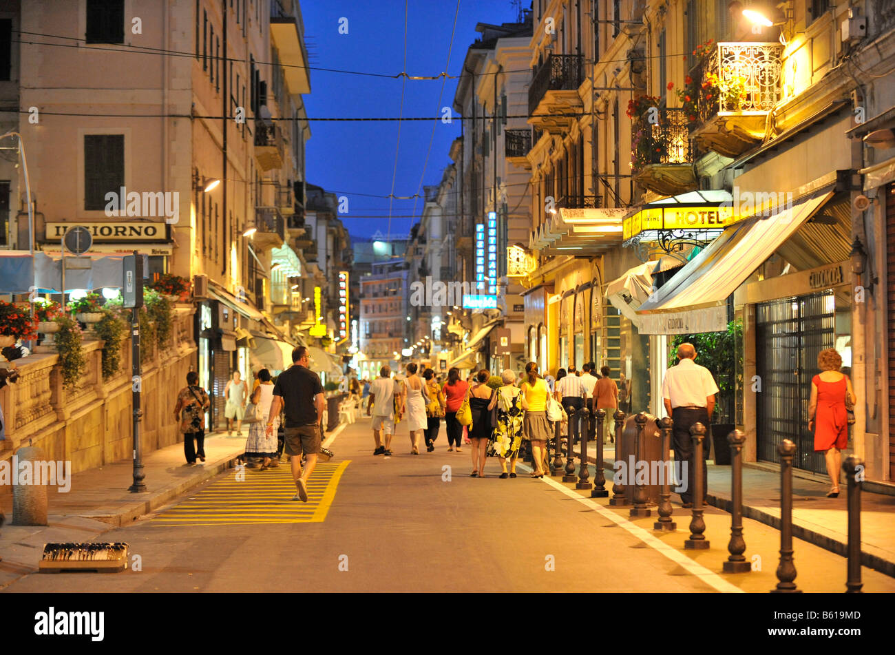 Pedestrianised zone, night exposure, San Remo, Riviera dei Fiori, Liguria, Italy, Europe Stock Photo