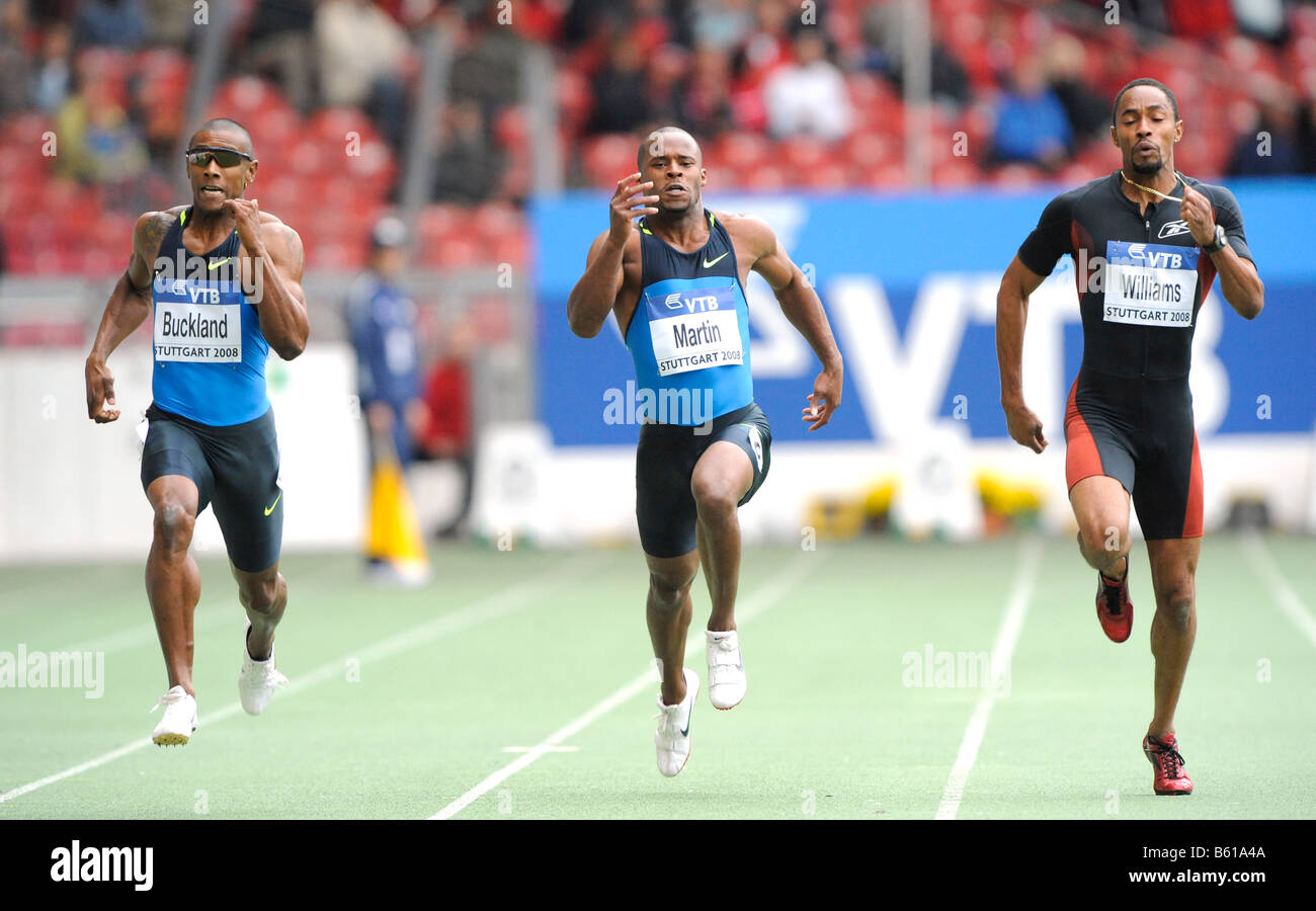 Stephane BUCKLAND, MRI, left, first place 200m Sprint, in front of Rodney MARTIN, USA, center, and Christopher WILLIAMS, JAM, Stock Photo