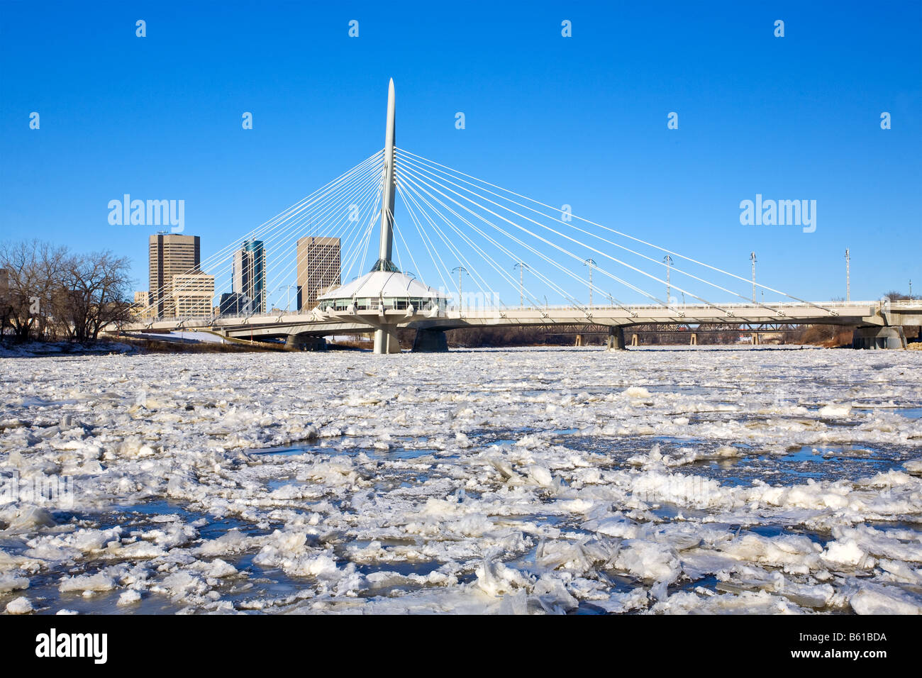 Frazil ice on the Red River, Esplanade Riel Bridge and Winnipeg skyline, Manitoba, Canada. Stock Photo