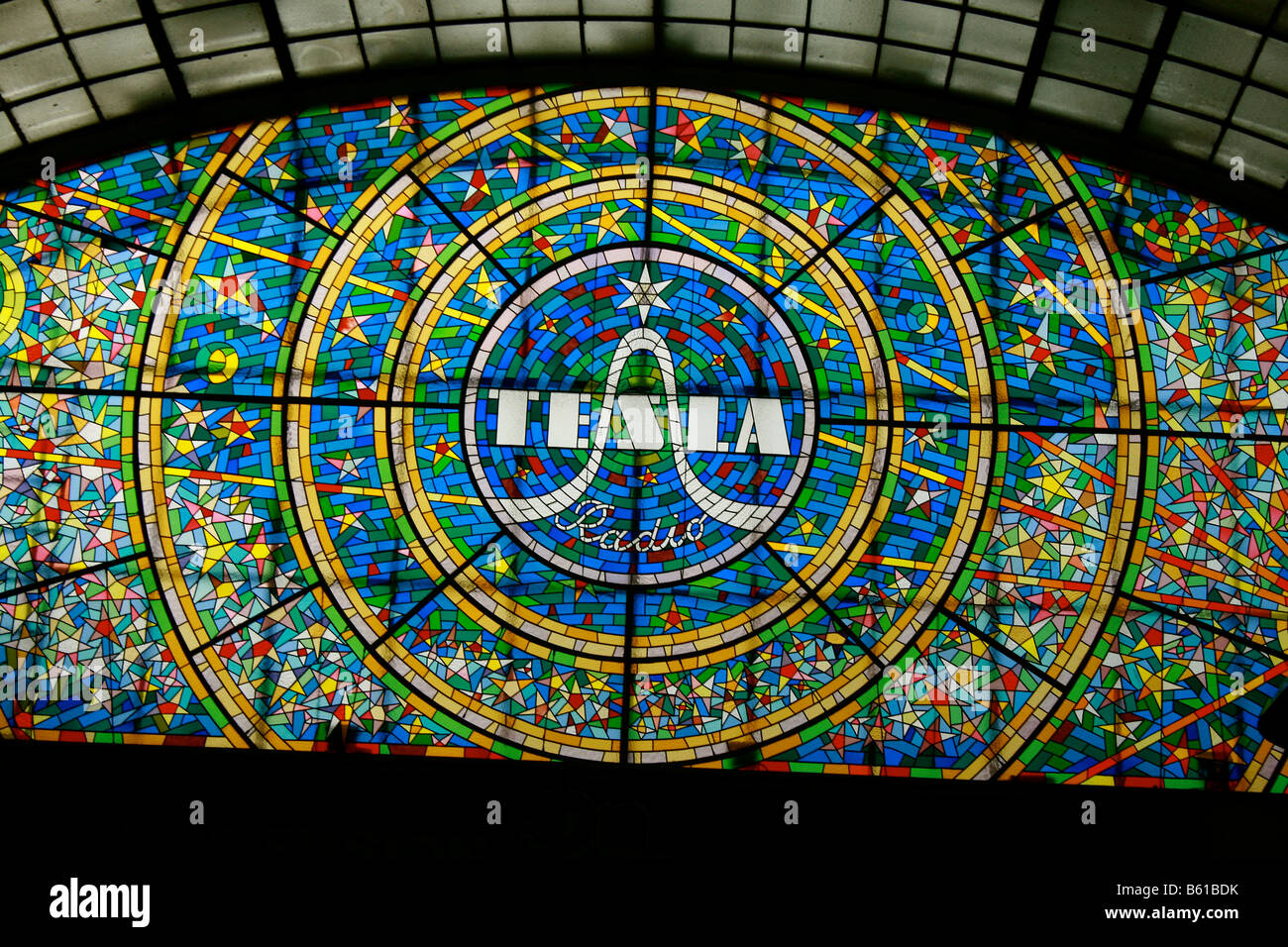 Massive stained glass window in a passageway in Central Prague, Czech Republic; Eastern Europe. Stock Photo