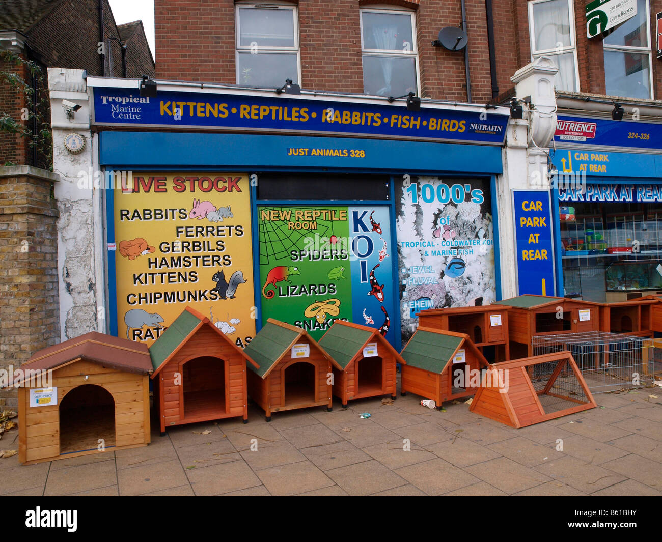 Kennels, Hutches, Cages and Runs Outside the Just Animals pet shop Lewisham High Street London England Stock Photo