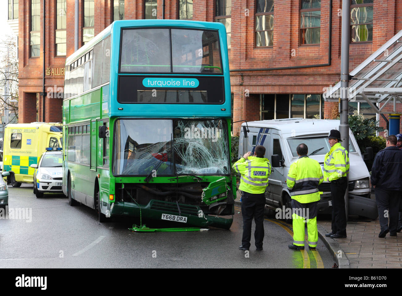 Emergency services at the scene of a Road Traffic Accident involving a Nottingham City Transport double decker bus. Stock Photo