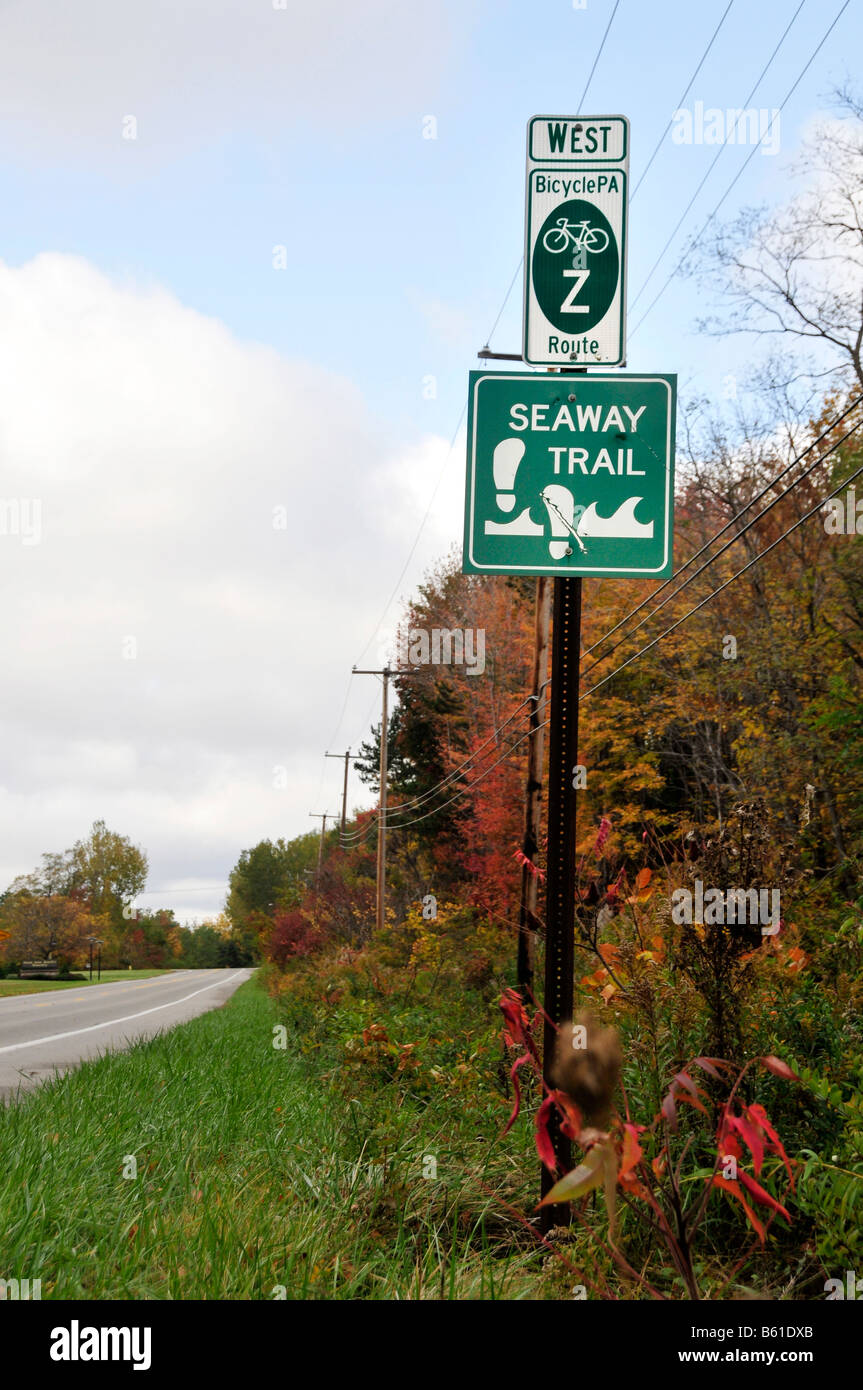 Seaway Trail sign along highway in Pennsylvania along Lake Erie Bicycle