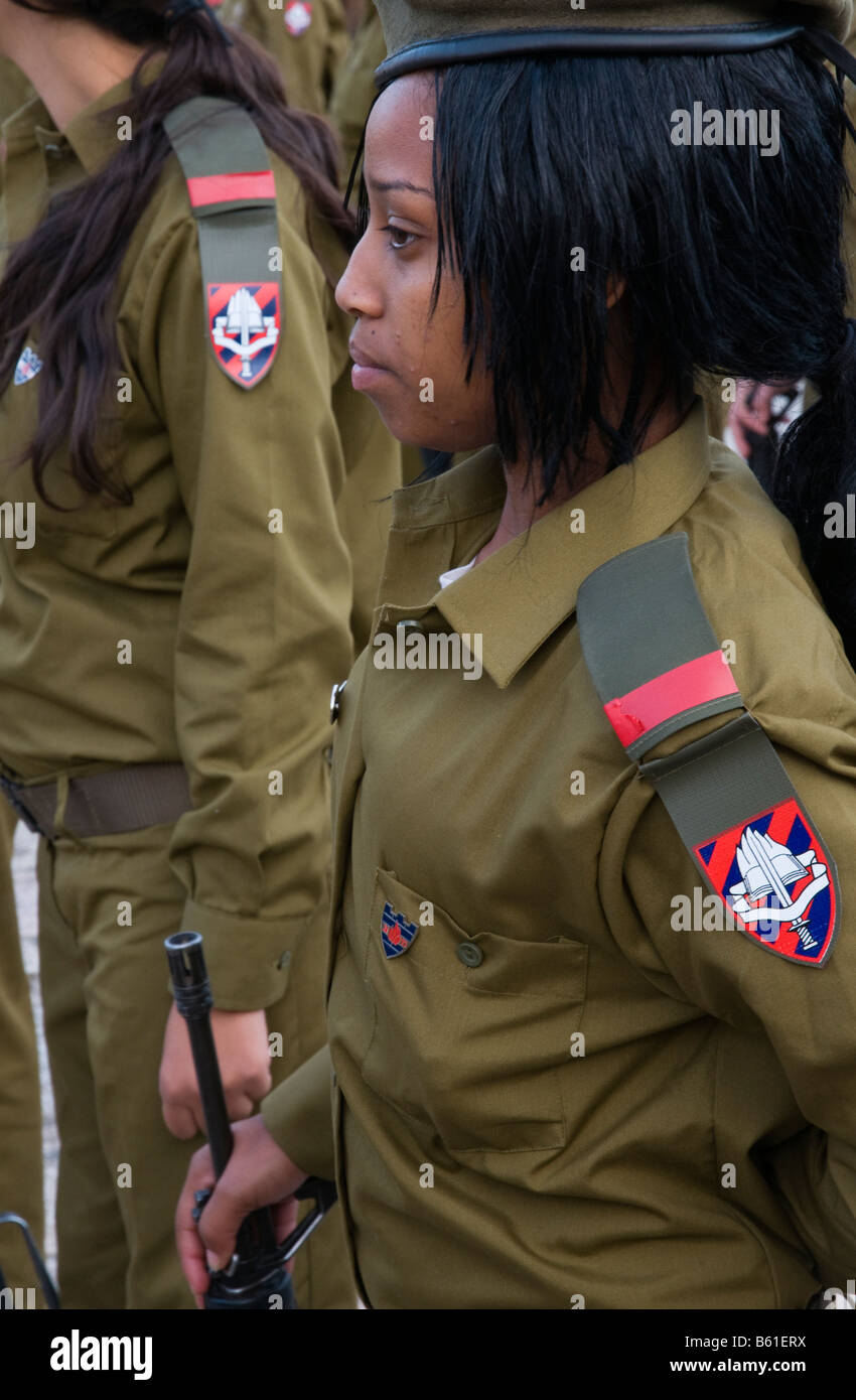 Israel Jerusalem old city Western Wall Oath miltary ceremony Portrait of a young female ethiopian soldier Stock Photo