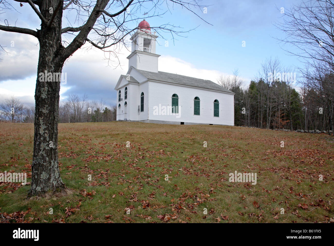 Bell Hill Meeting House during the autumn months Located in Otisfield Maine USA Stock Photo