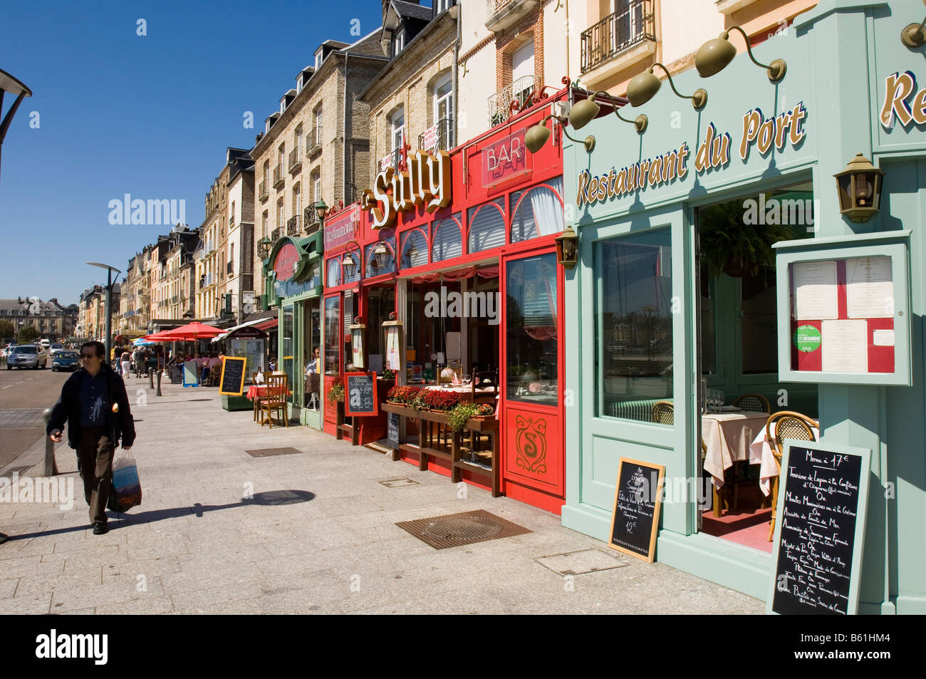 Promenade of restaurants, road in Dieppe harbour, Normandy, France, Europe Stock Photo