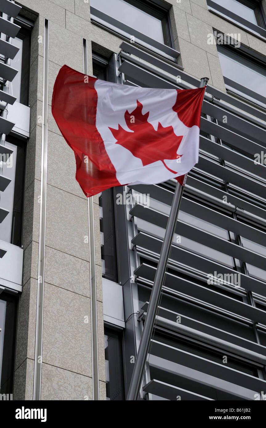 Canadian flag on the Canadian embassy, Leipziger Platz Square, Berlin Stock Photo