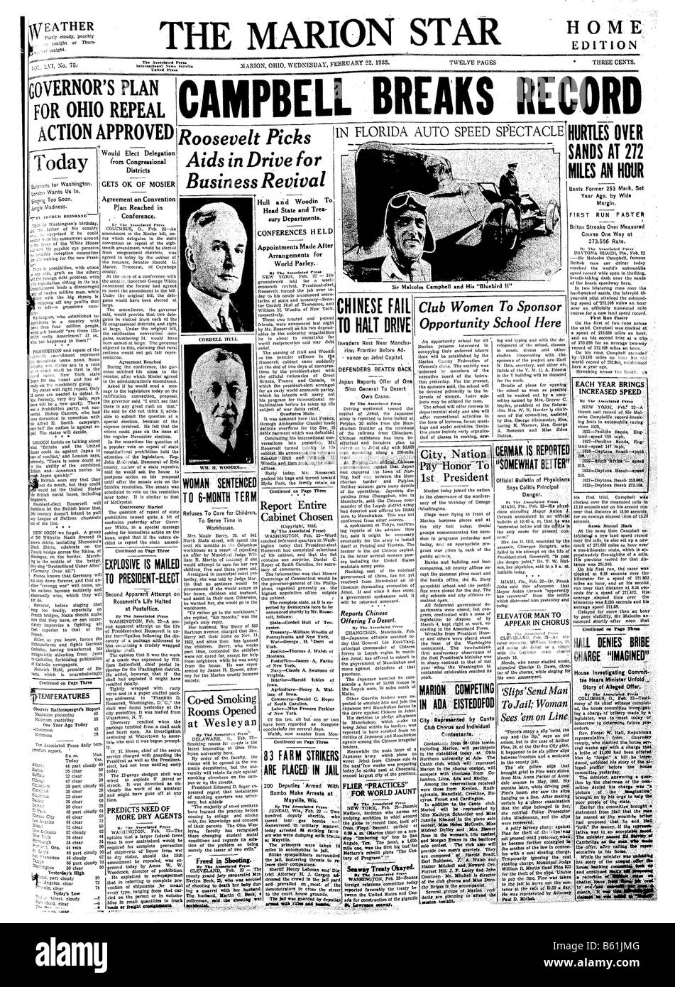 Front page of a US Newspaper telling of Campbell s Land Speed Record in