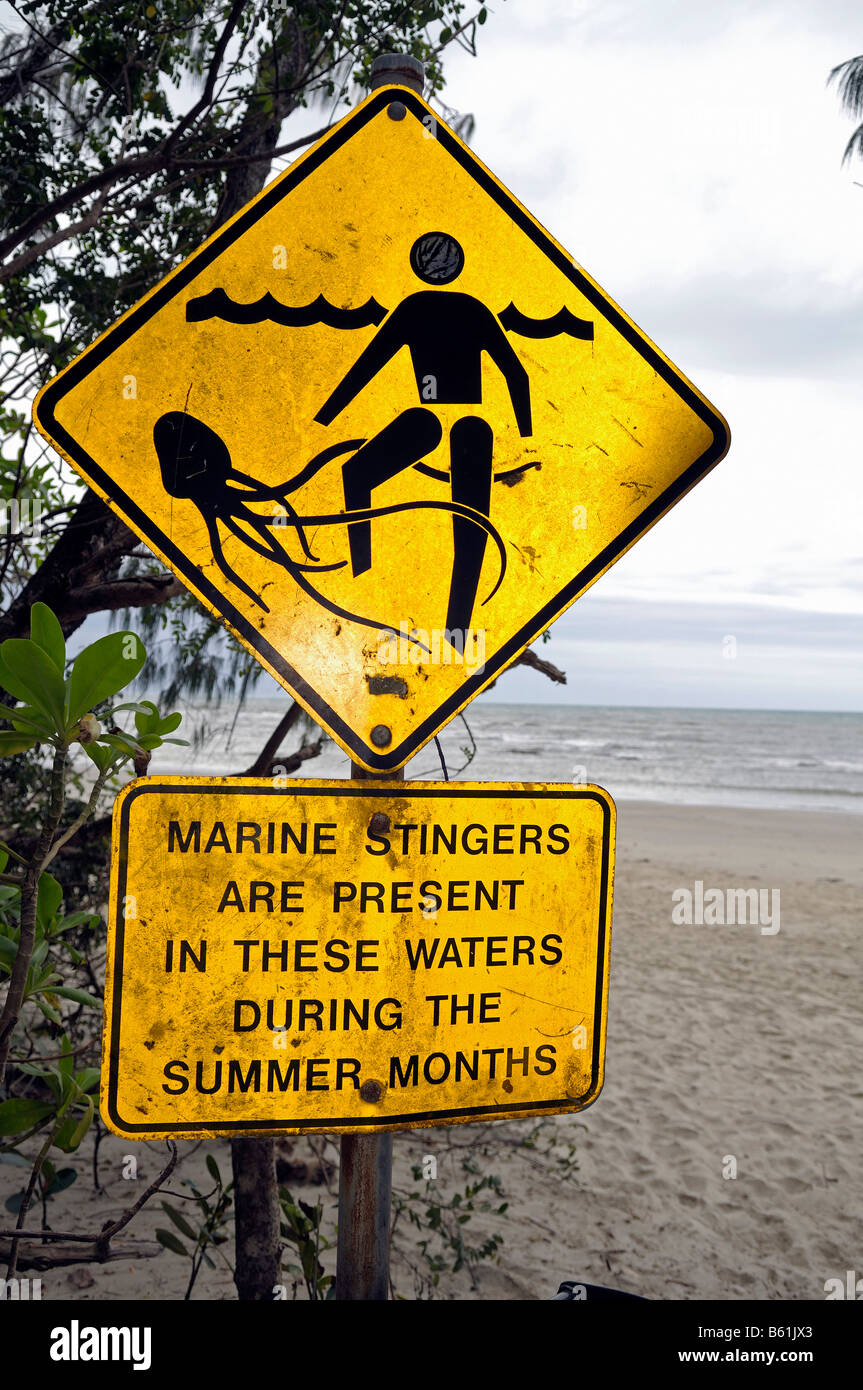Sign, warning about Box Jelly Fish (Chironex fleckerli), on a beach in Queensland, Australia Stock Photo