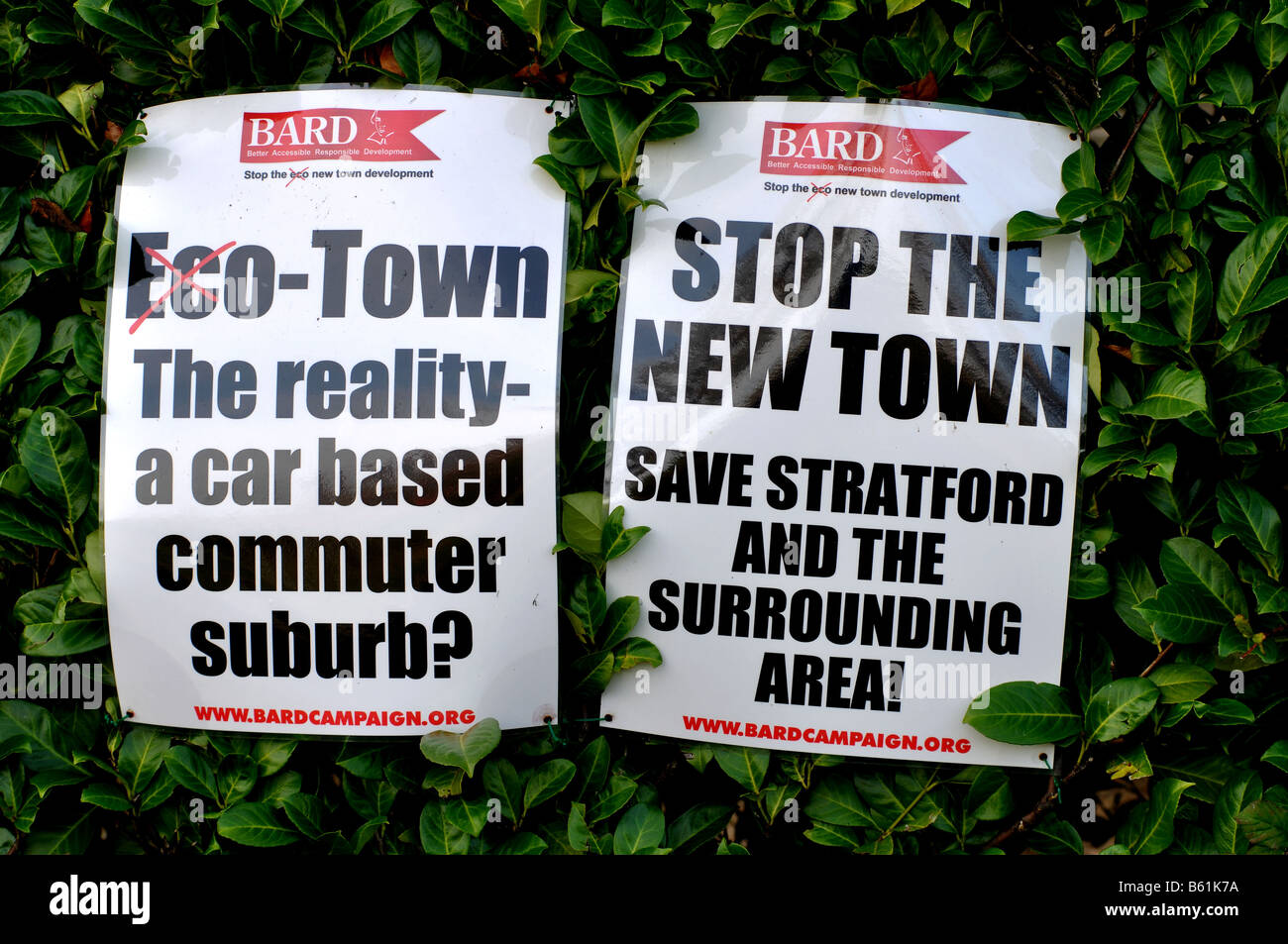 Posters against eco town, Long Marston, Warwickshire, England, UK Stock Photo