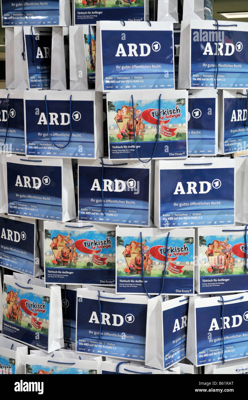 ARD TV Channel advertising bags, International Radio Exhibition IFA, Berlin, Germany, Europe Stock Photo