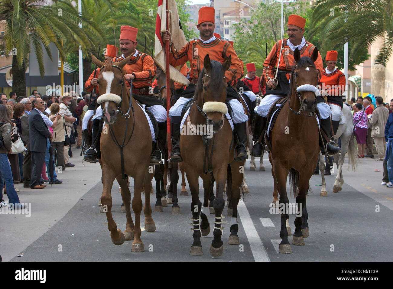 Horsemen wearing traditional costumes at the Cavalcata Sarda parade in Sassari, Sardinia, Italy, Europe Stock Photo
