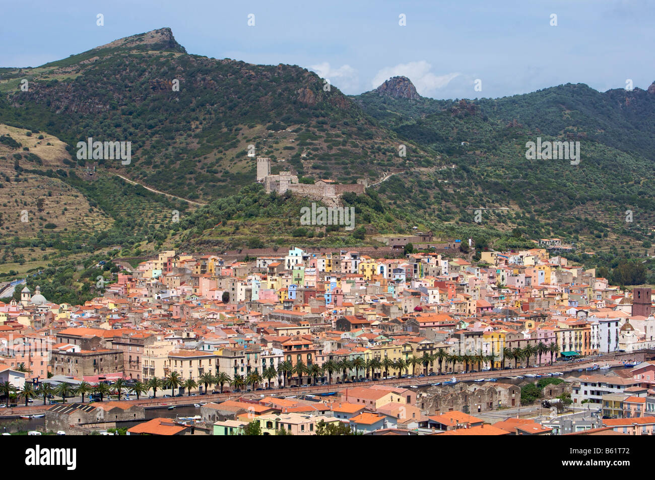 View over the historic city centre of Bosa with fortress, Sardinia, Italy, Europe Stock Photo