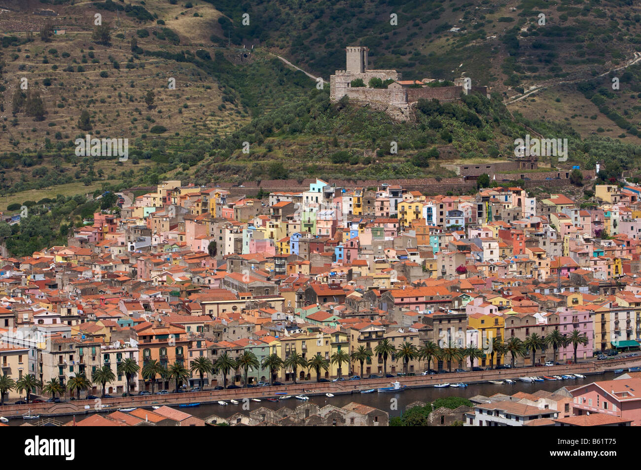View over the historic city centre of Bosa with fortress, Sardinia, Italy, Europe Stock Photo