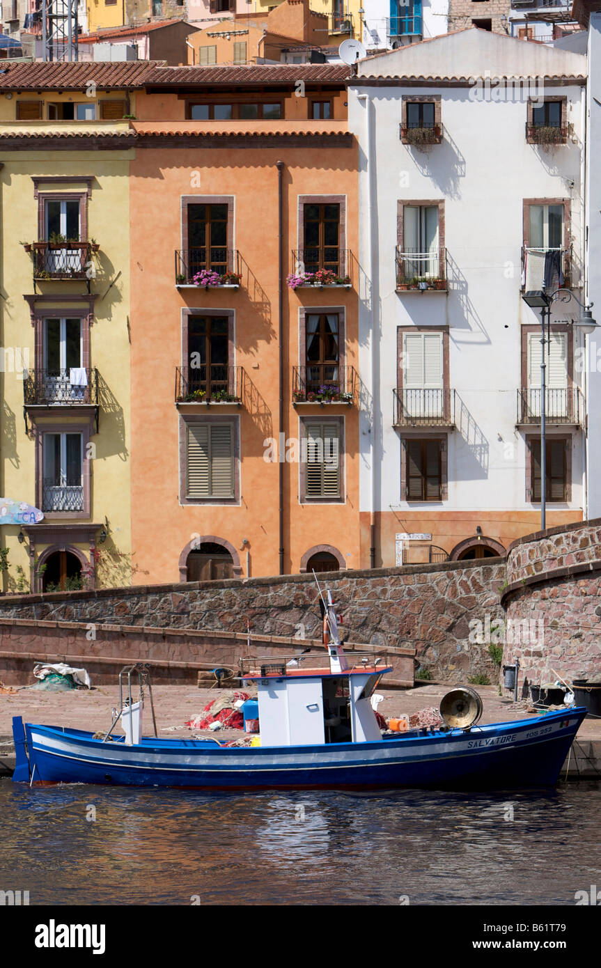 Fishing boats on the Telmo River in the historic city centre of Bosa, Sardinia, Italy, Europe Stock Photo