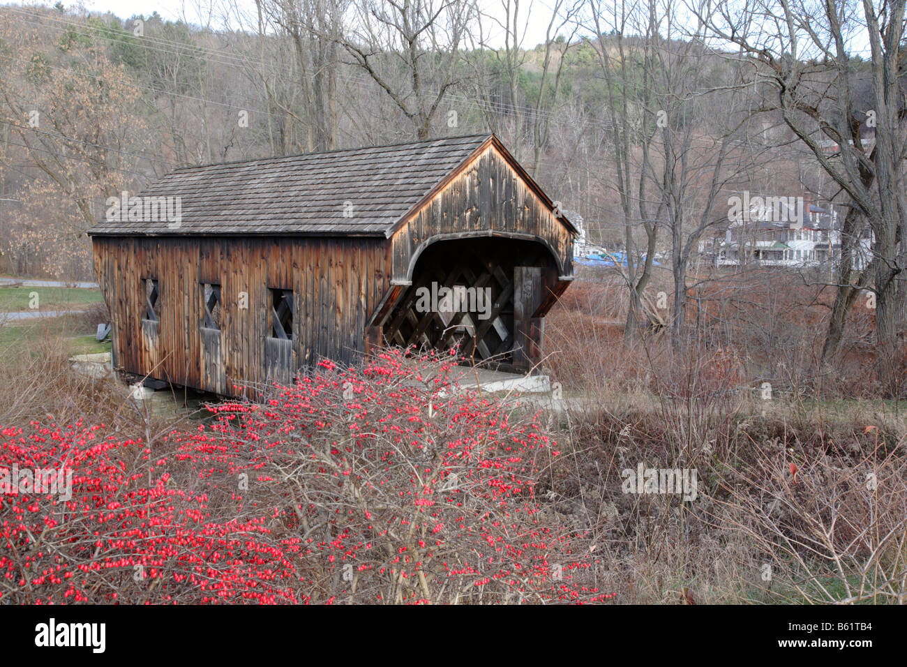 The Baltimore Covered Bridge during the autumn months located in Springfield Vermont USA which