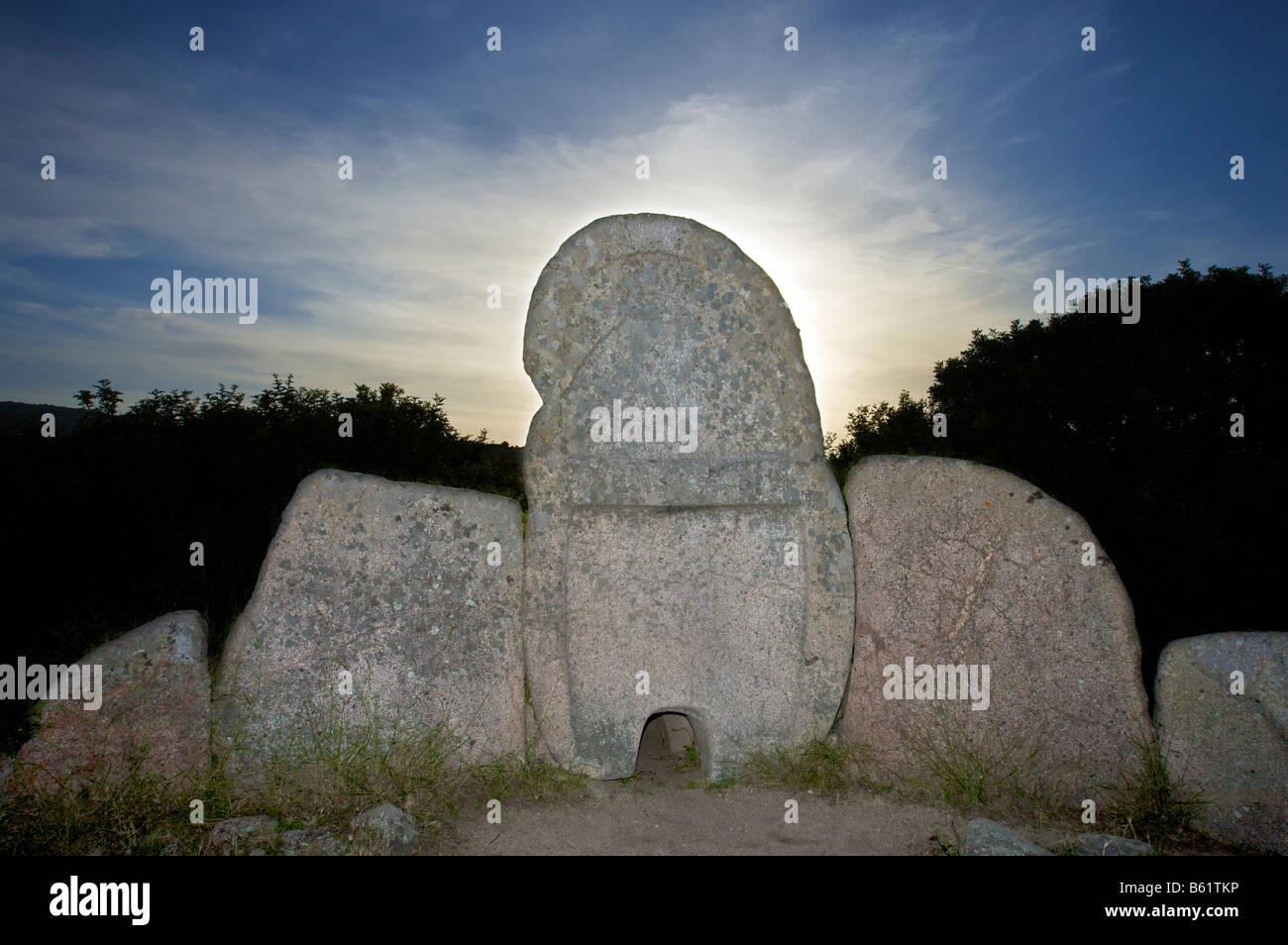Front with the portal stele, Giants' Grave, Sa Ena e' Thomes, near Dorgali, Sardinia, Italy, Europe Stock Photo