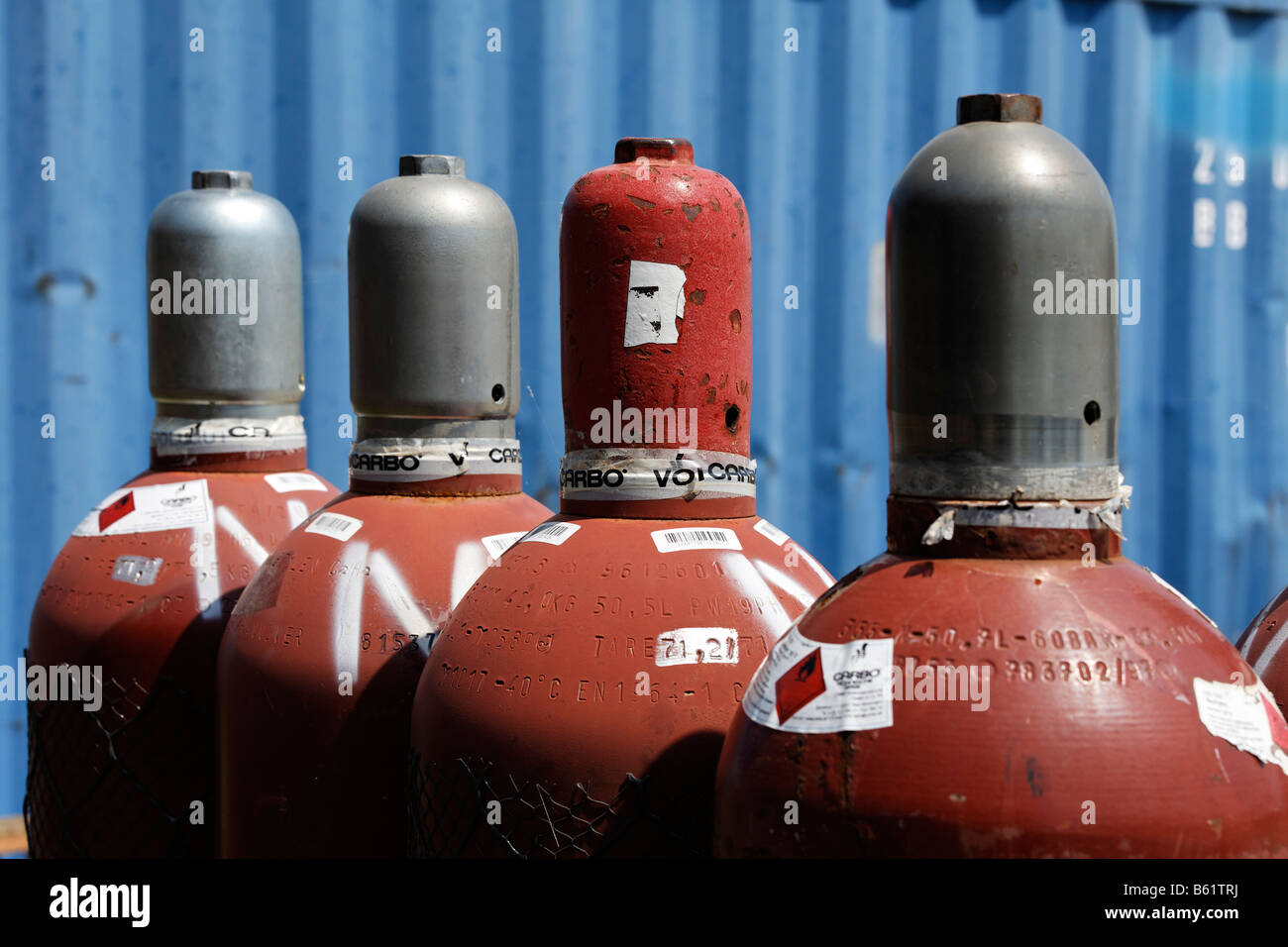 Compressed gas bottles with nitrogen, an inert gas for welding, detail