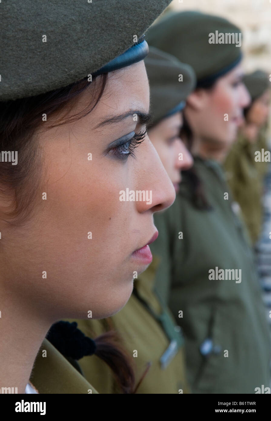 Israel Jerusalem old city Western Wall Oath miltary ceremony portrait of a young female soldier standing to attention Stock Photo