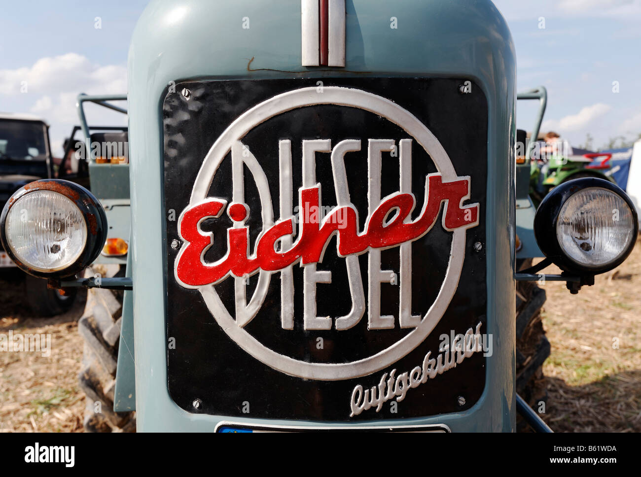 Radiator of a vintage tractor, large logo, air-cooled Eicher Diesel, Angermunder Treckerfreunde, Duesseldorf, North Rhine-Westp Stock Photo