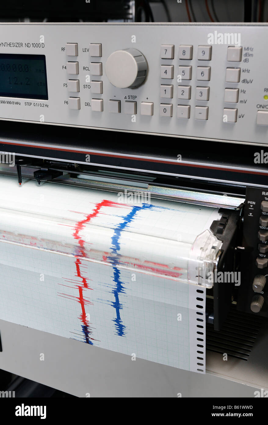 Recorder of a measuring instrument, red and blue lines on milimeter