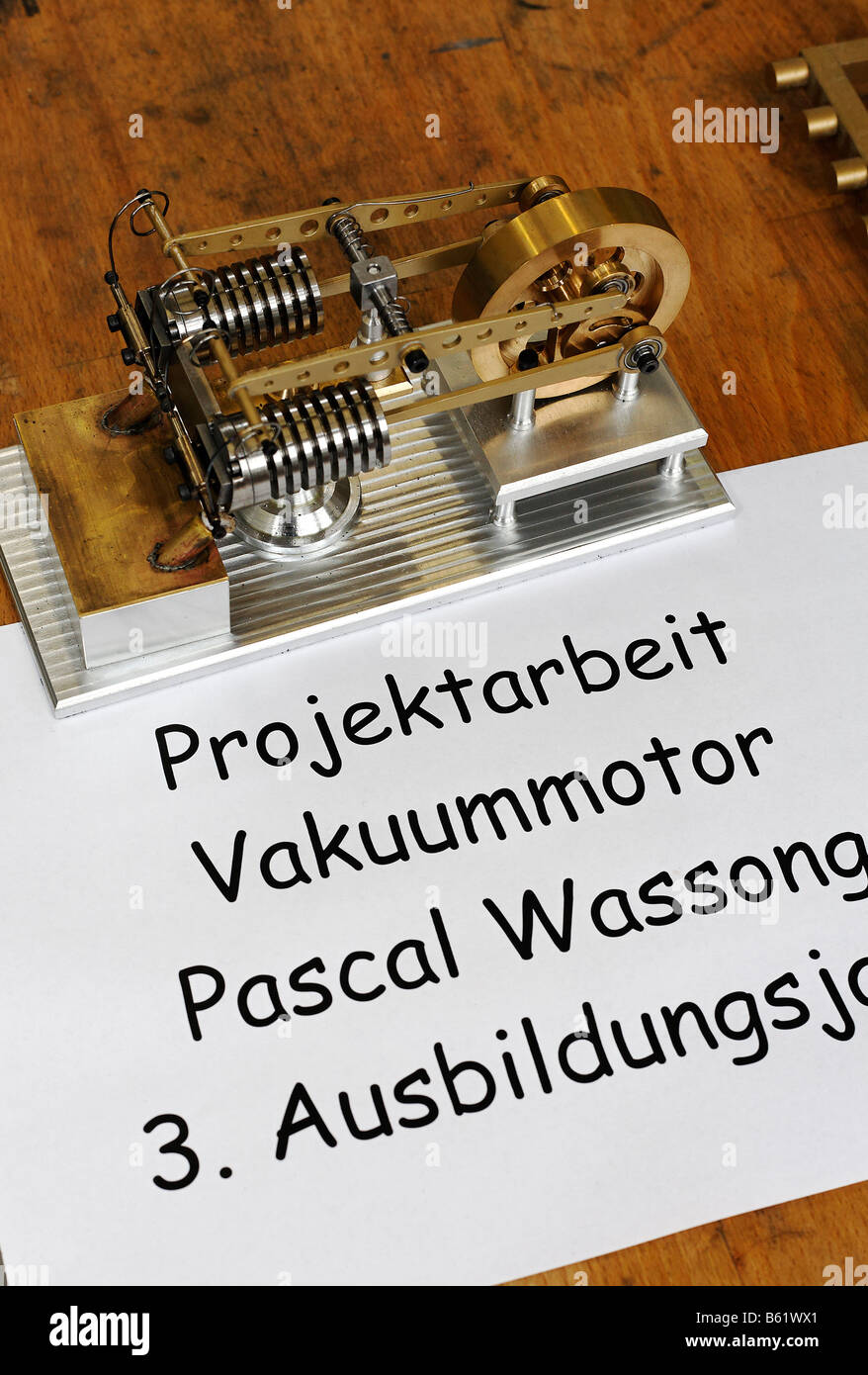 Small vacuum motor, apprentice project work exhibition, work-shop in the Max-Planck-Institute for radio astronomy, Bad Muenster Stock Photo
