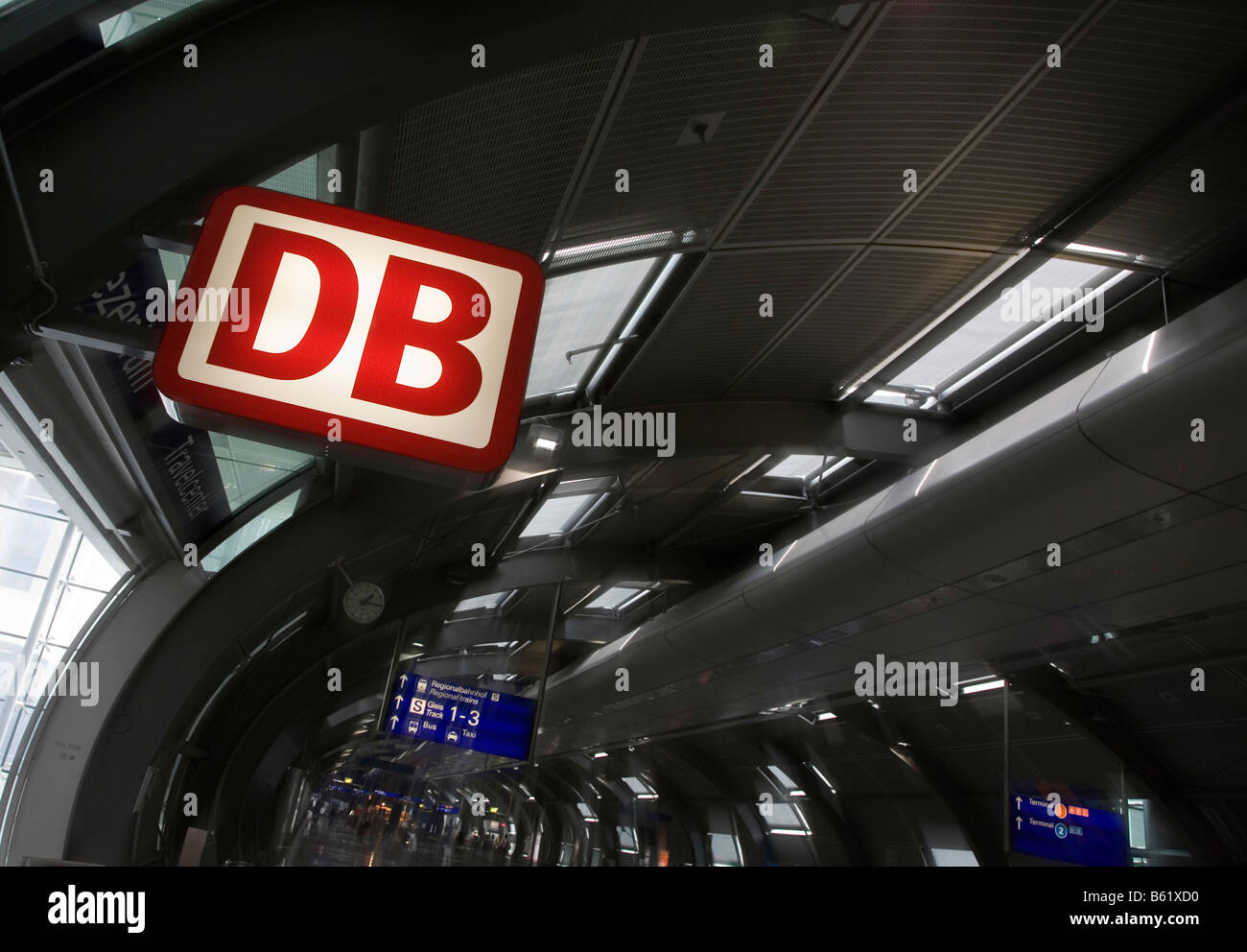DB-Logo, German Railways travel centre at the airport, Frankfurt am Main, Hesse, Germany, Europe Stock Photo