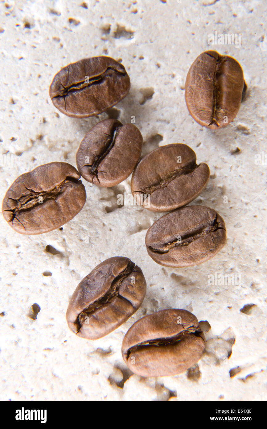 Coffee beans on a stone surface Stock Photo
