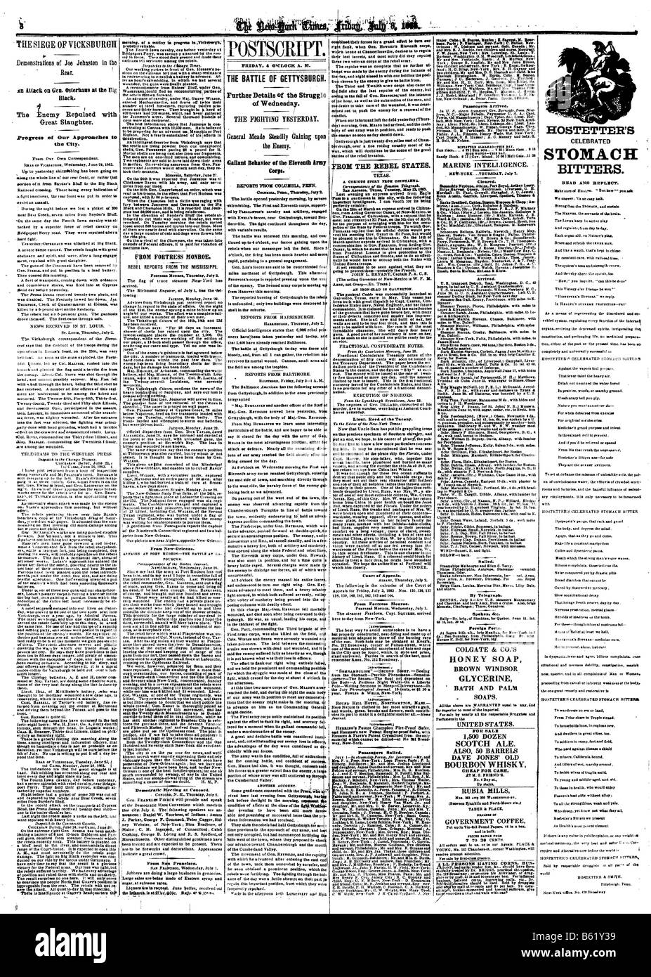 Page in a US newspaper with the story on the Battle of Gettysburgh Stock Photo