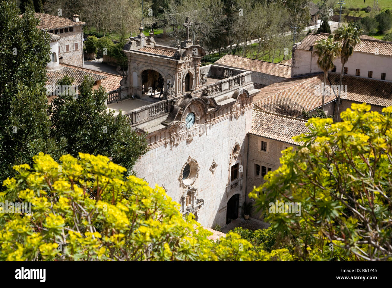 View from above of the Santuari de Lluc Monastery, famous pilgrimage site, Majorca, Balearic Islands, Spain, Europe Stock Photo