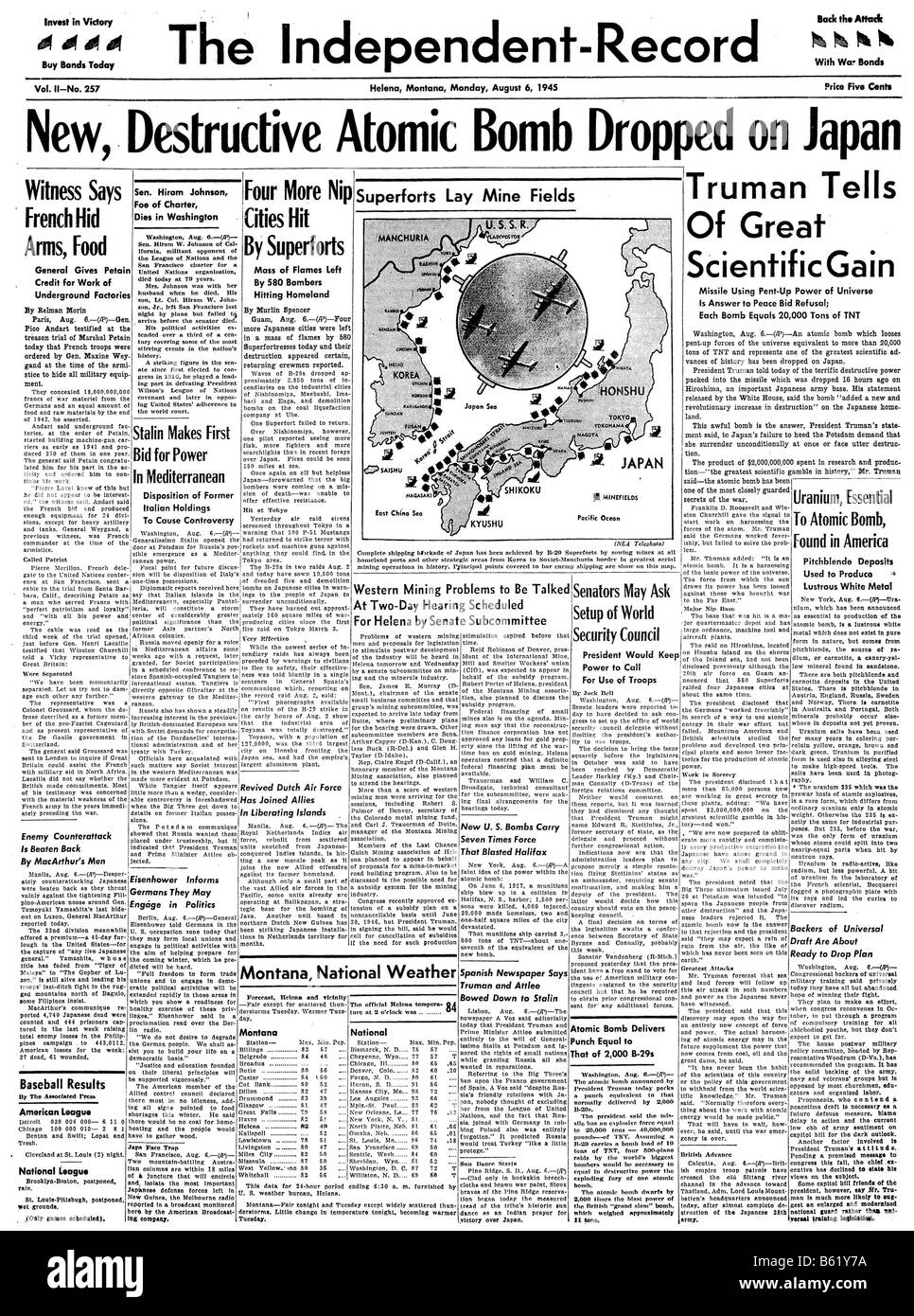 Front page of a 1945 US newspaper about the dropping of the Atom bomb on Hiroshima Stock Photo