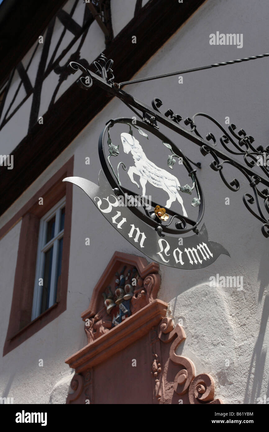 Pub sign for Zum Lamm pub in Euerdorf, Rhoen, Lower Franconia, Bavaria, Germany, Europe Stock Photo