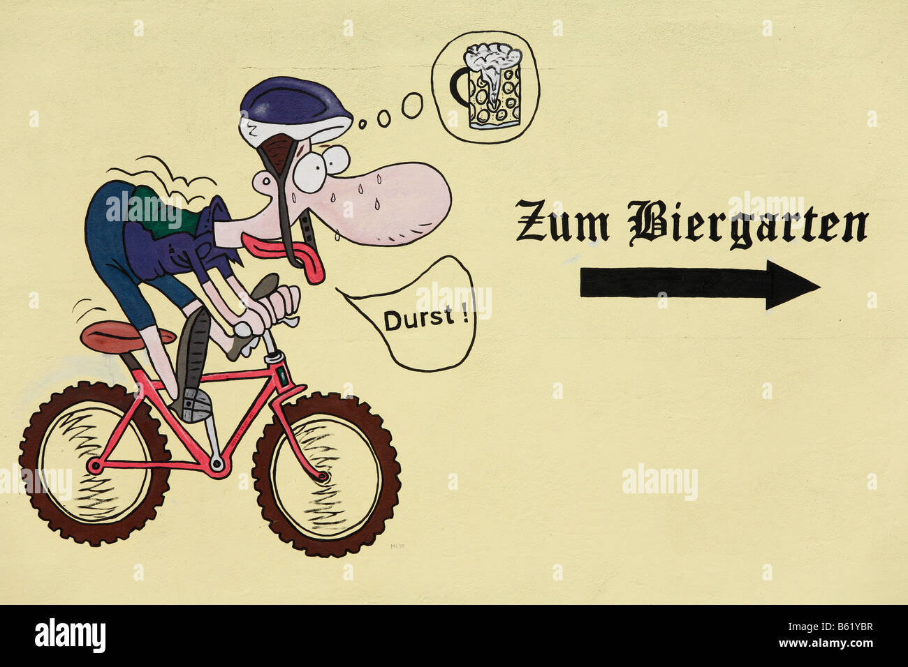 Mural, Cyclist, Zum Biergarten - Durst, to the beergarden - thirsty, Thulba, Oberthulba, Rhoen, Lower Franconia, Bavaria, Germa Stock Photo