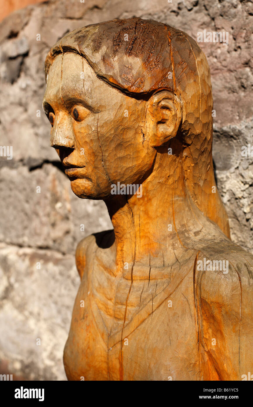 Carved wooden portrait of a woman, Bischofsheim, Rhoen, Lower Franconia, Bavaria, Germany, Europe Stock Photo