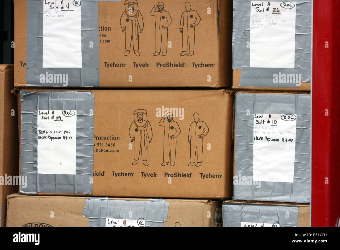 Hazmat boxes containing hazardous protection suits and gear packed inside a Hazmat Response vehicle Stock Photo