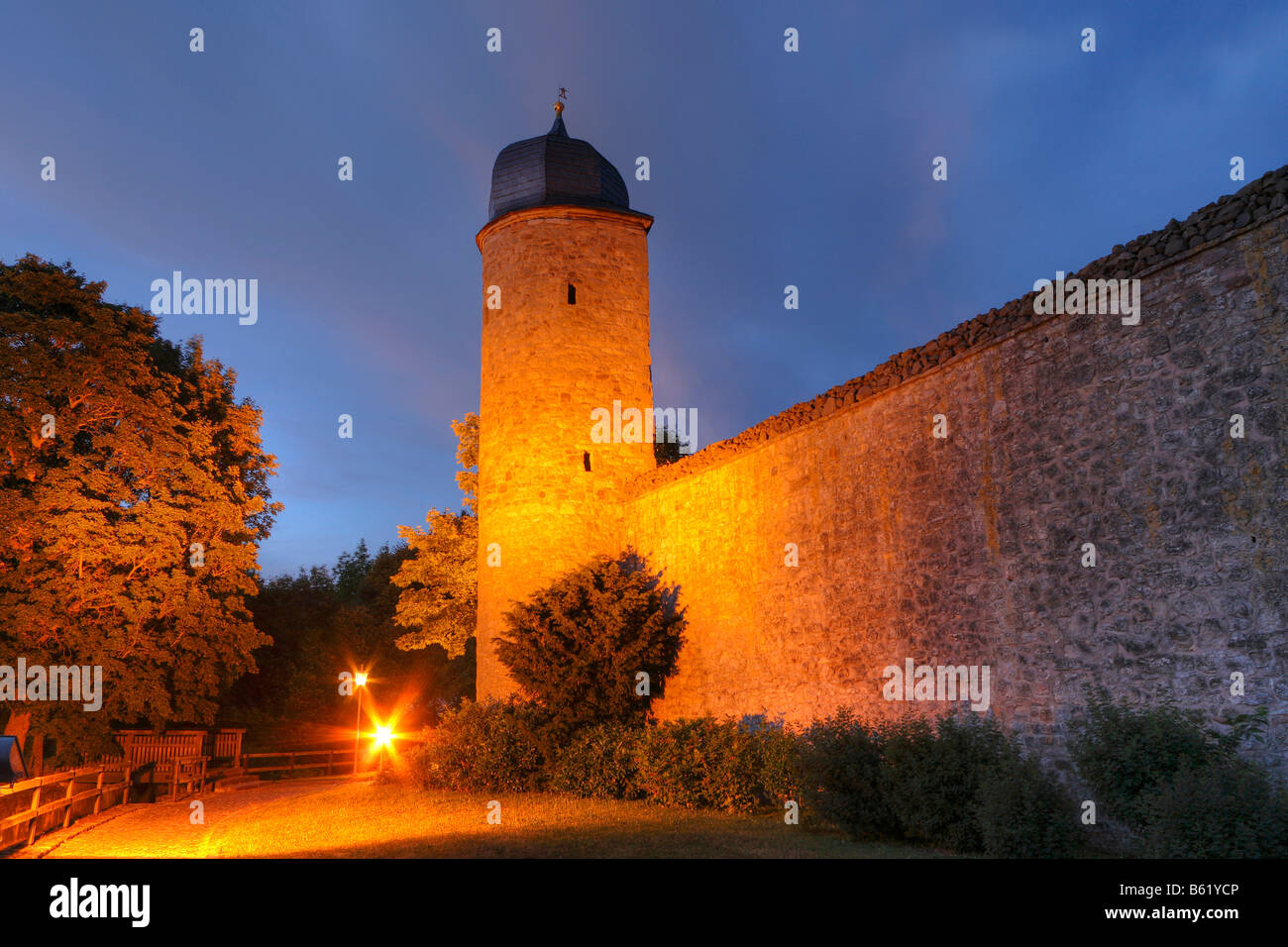 Illuminated Tower on the City Wall in Rhoen, Lower Franconia, Bavaria, Germany, Europe Stock Photo